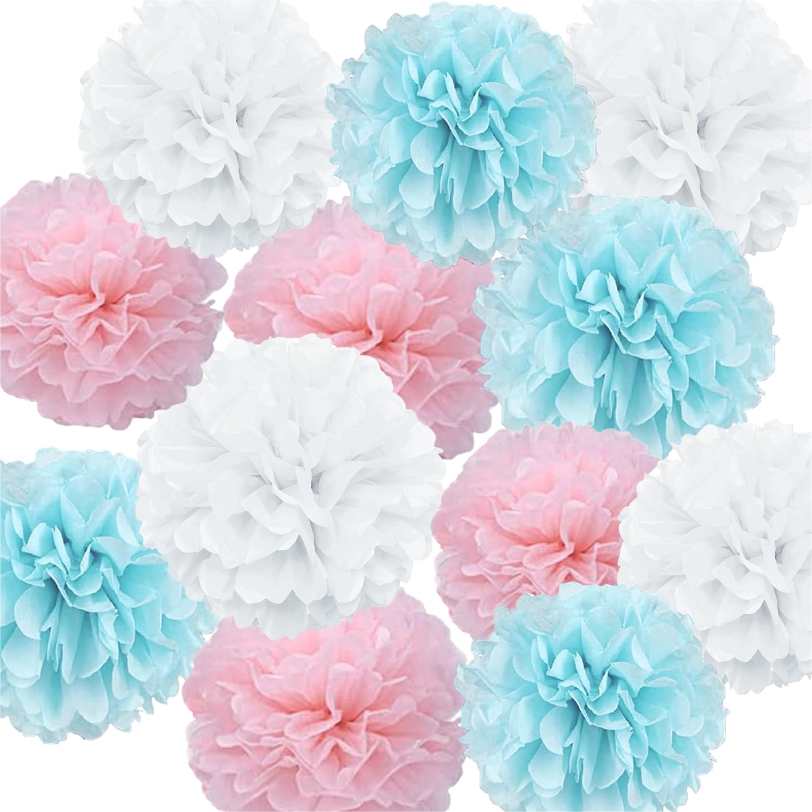 HappyField 12PCS 10” & 12” Pink Blue White Tissue Paper Pom Poms - Gender Reveal Party Decorations, Baby Shower Decor for Boy or Girl, Bridal & First Birthday Party, Wedding Decorations - Perfect for Baby Showers, Gender Reveals, Birthday Parties & Wedding Receptions