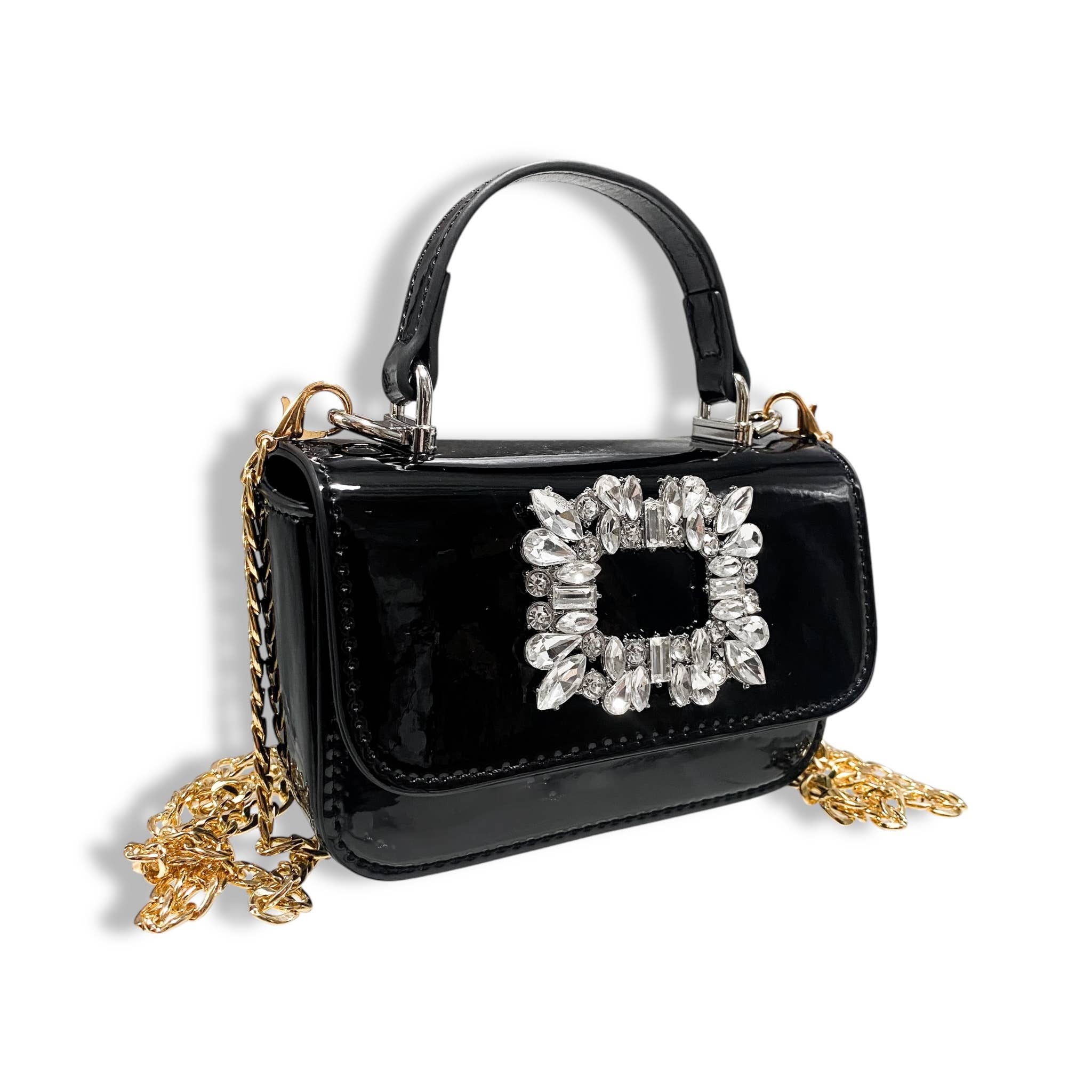 Sparkly Rhinestone Embellished Patent Leather Clutch Purse - Black Evening Bag for Women, Perfect for Parties, Weddings & Special Occasions