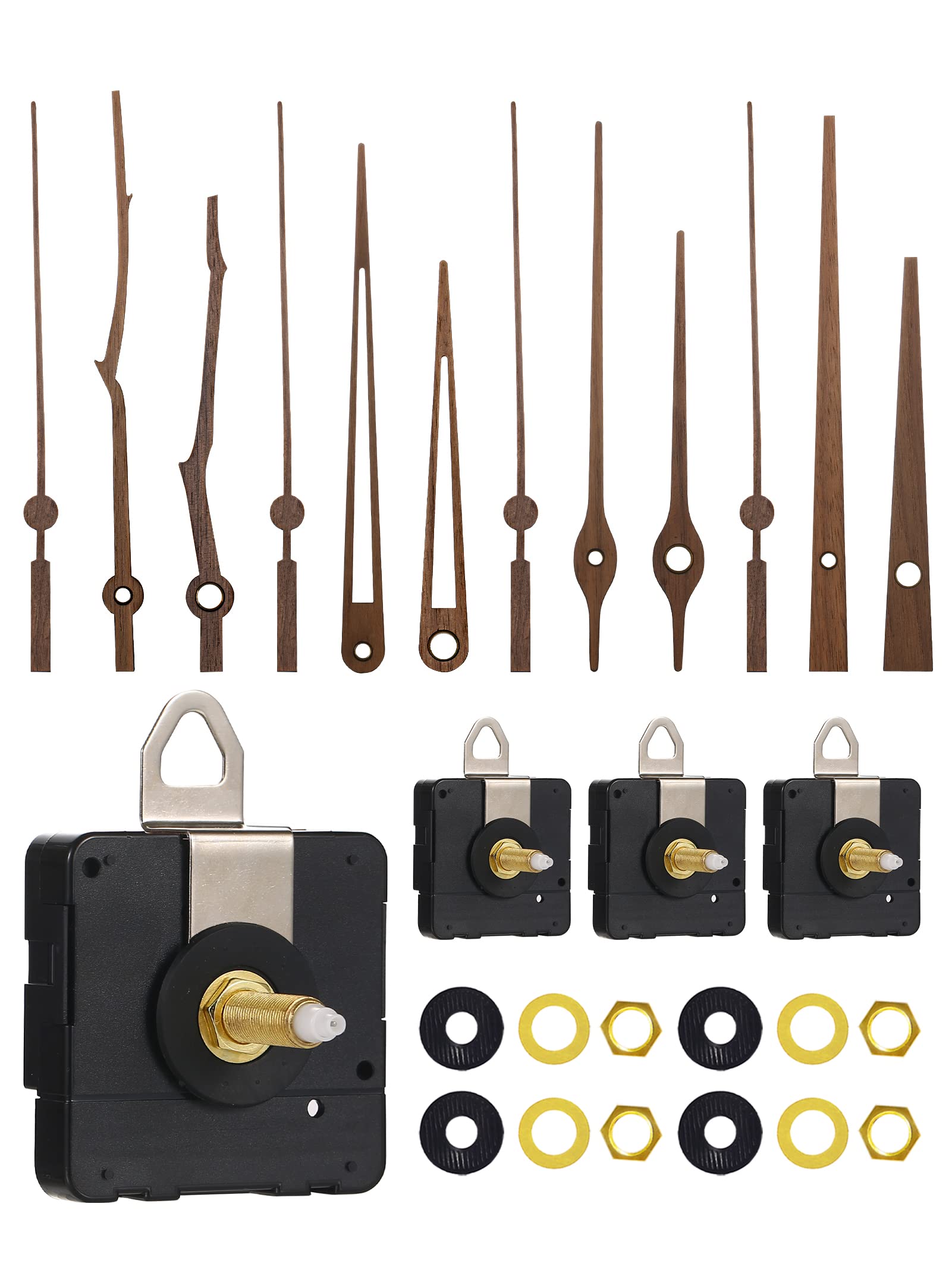 4 Pack Silent Quartz Clock Movement Mechanism with Walnut Wood Hands - Long Shaft DIY Repair Kit for 12-14 Inch Clocks | Perfect for Wall Clocks, Craft Projects & Home Decor Replacement Parts
