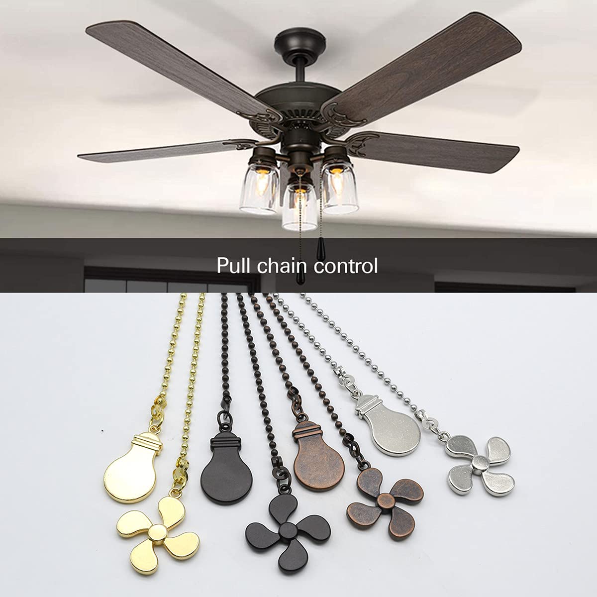 Antique Bronze Ceiling Fan Pull Chain Set - 4 Pieces Bulb & Fan Pattern Extension with 12 Inch Pendant & Ball Connector | Perfect for Bedroom, Living Room, and Office Ceiling Fan Replacement