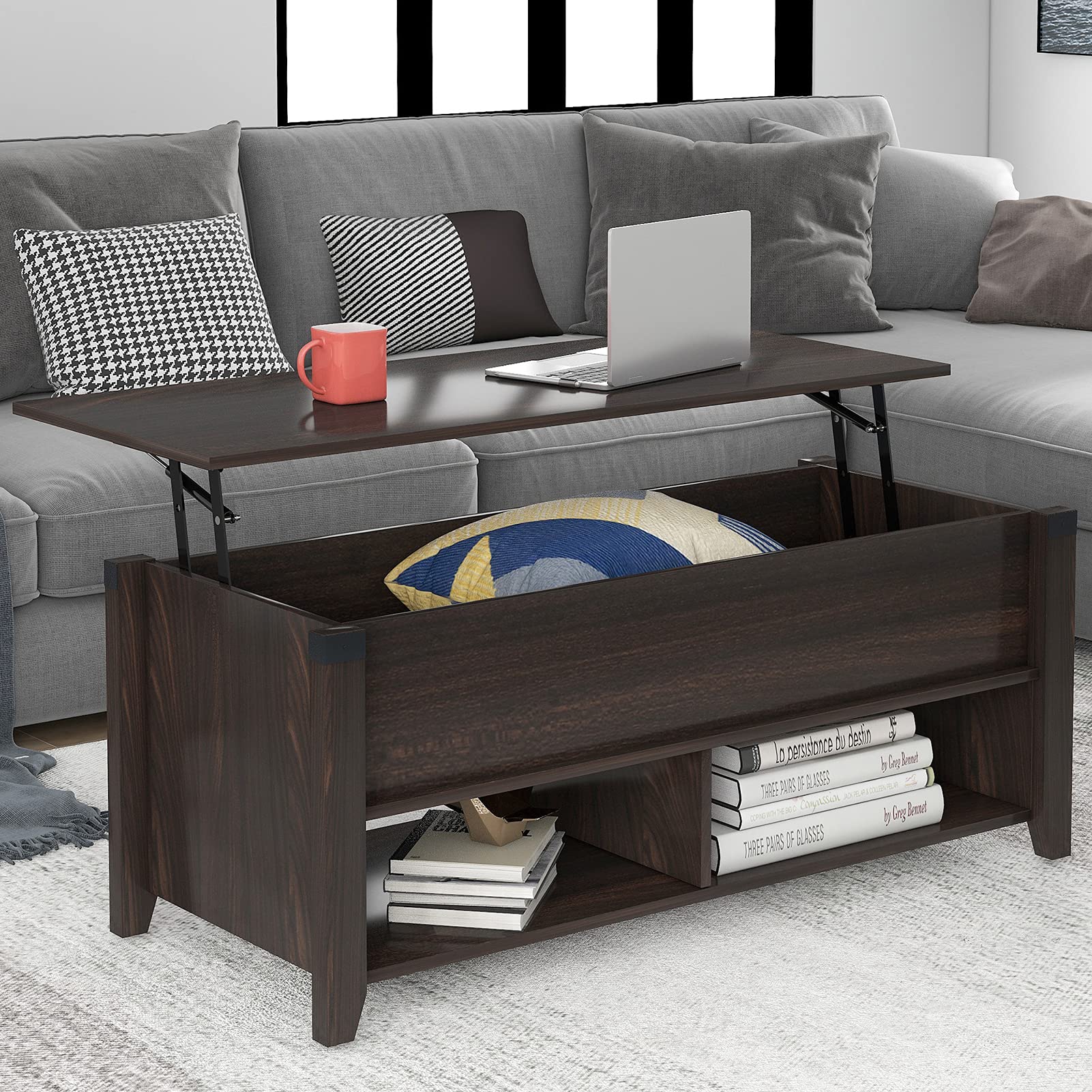 VEAREAR Lift Top Coffee Table with Hidden Storage & Lower Shelf - Modern End Table with Shelves for Living Room, Bedroom, Office - Space-Saving Furniture for Small Apartments & Home Decor