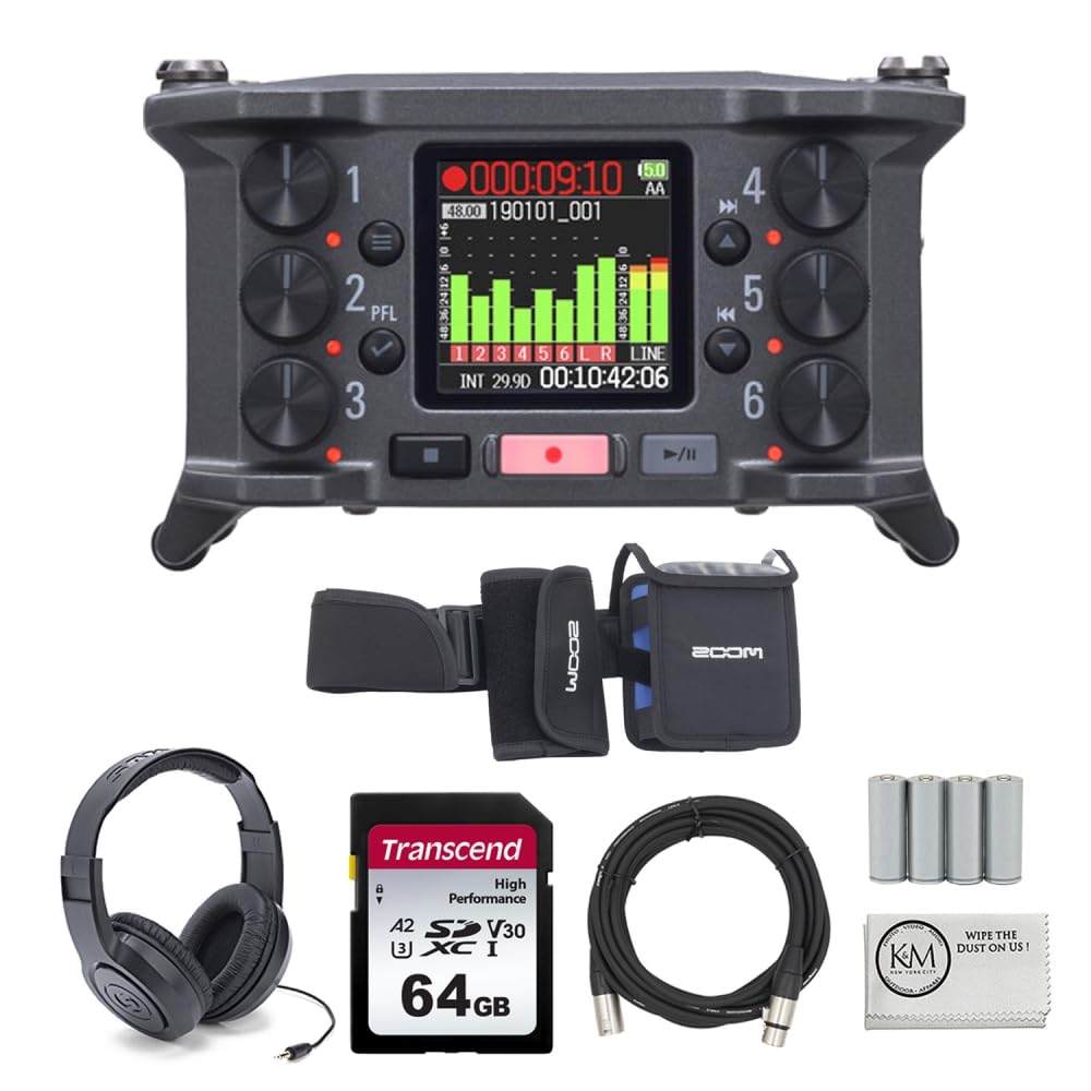 Zoom F6 32-bit Float MultiTrack Field Recorder Bundle with 64GB SD Card, Protective Case, Headphones, 4 AA Batteries, 20ft XLR Cable & Cleaning Kit - Professional Audio Recording for Podcasts, Film & Music Production