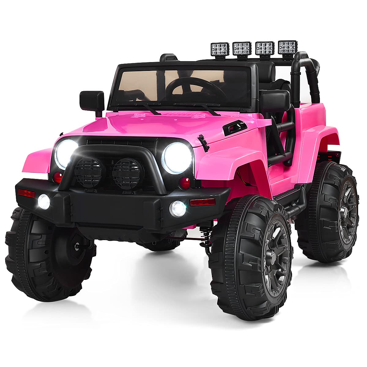 Costzon 12V Electric Ride On Truck for Kids - Battery Powered, Parental Remote Control, LED Lights, Double Doors, Safety Belt, Music & MP3 Player, Spring Suspension - Pink Kids Car for Outdoor & Indoor Play