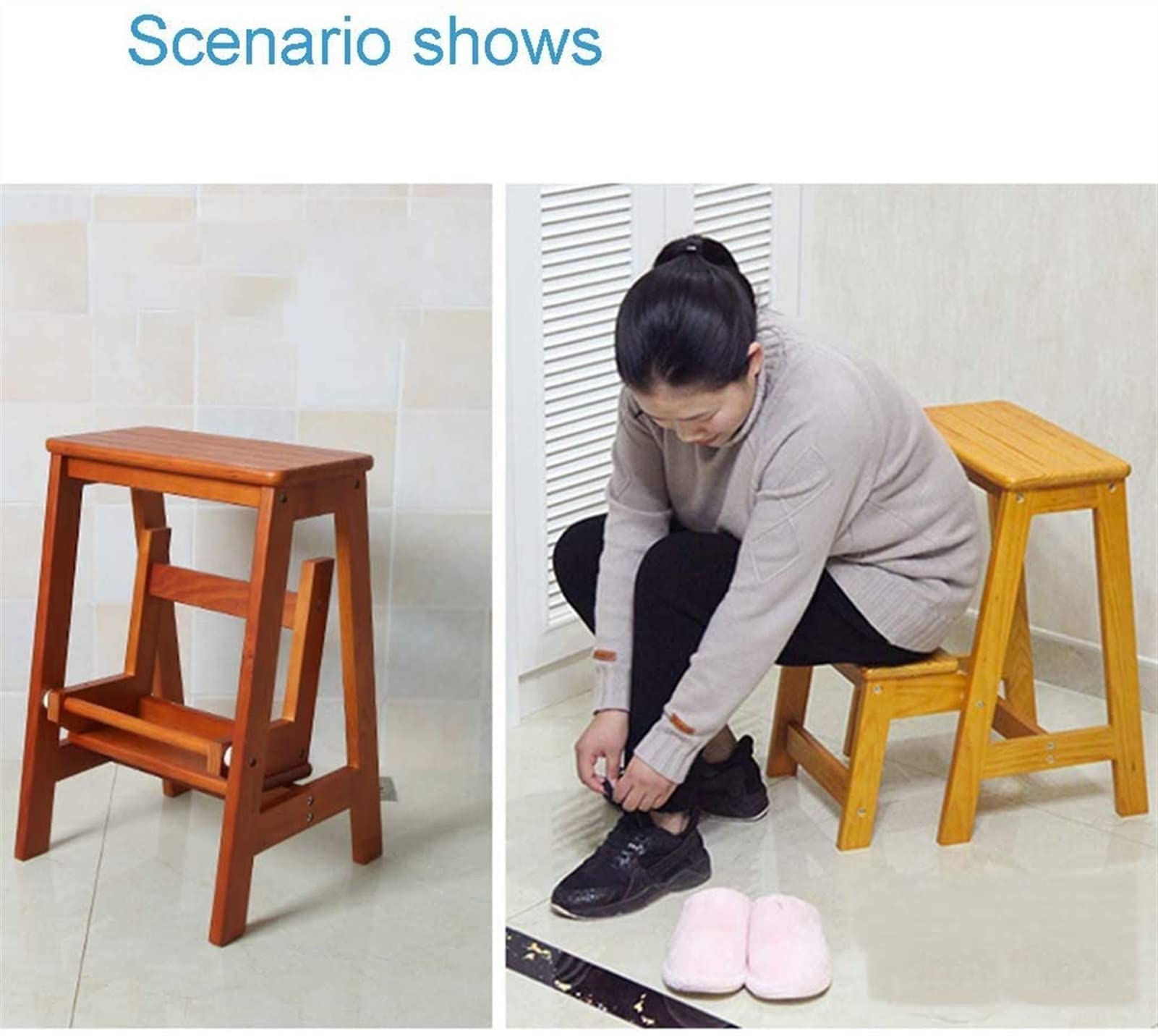 2-Step Wooden Ladder with Anti-Slip Surface, Multi-Functional Step Stool for Home, Library, Bedroom & Living Room - Foldable, Space-Saving Design for Easy Storage | Perfect as a Step Stool, Bookshelf Helper or Decorative Accent