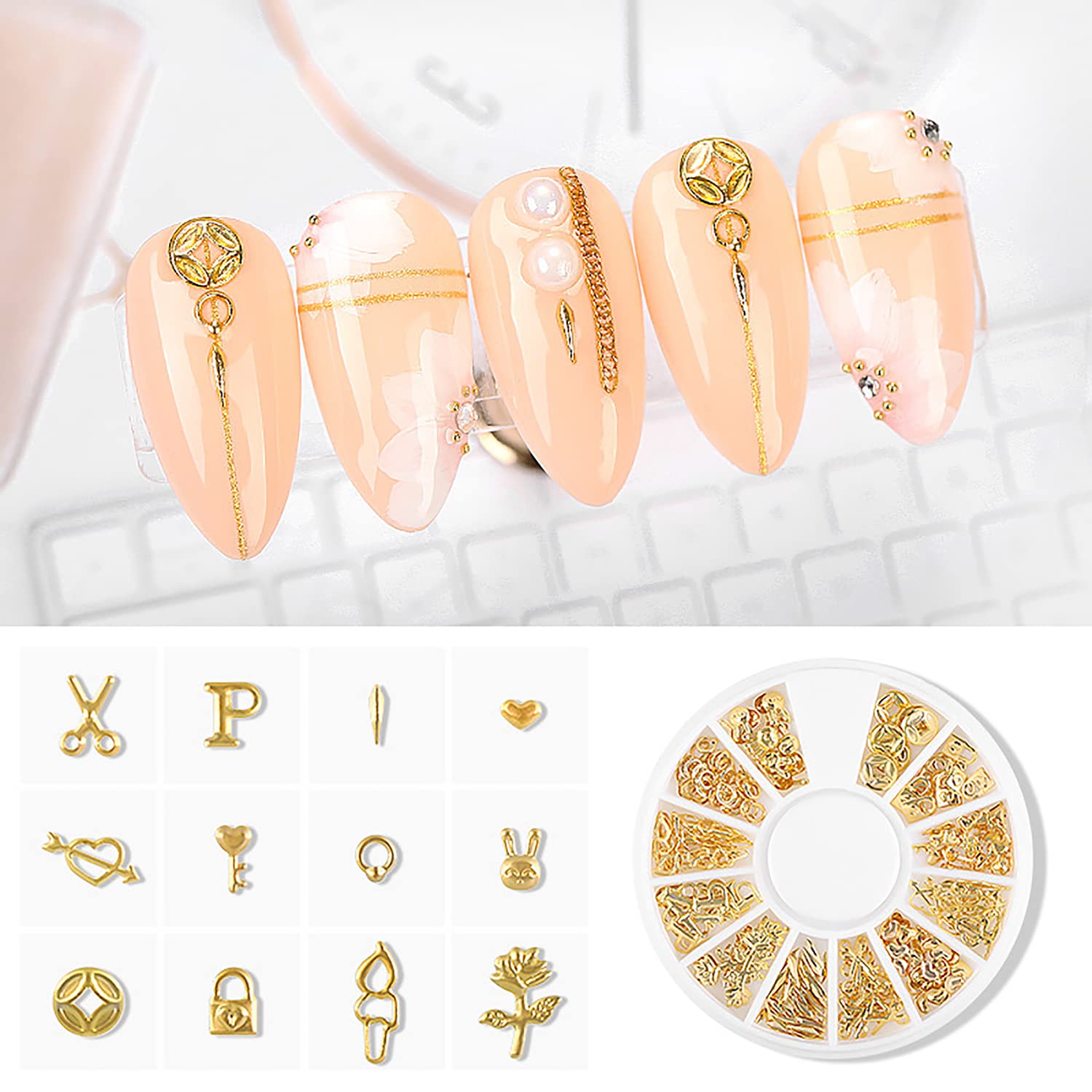 DANNEASY 6 Boxes Gold Nail Charms for Acrylic Nails - Metal Hollow Nail Studs with Heart, Moon, Star & Cross Designs - 3D Nail Art Jewels for DIY Manicure & Nail Decoration - Perfect for Parties, Weddings & Salon Use
