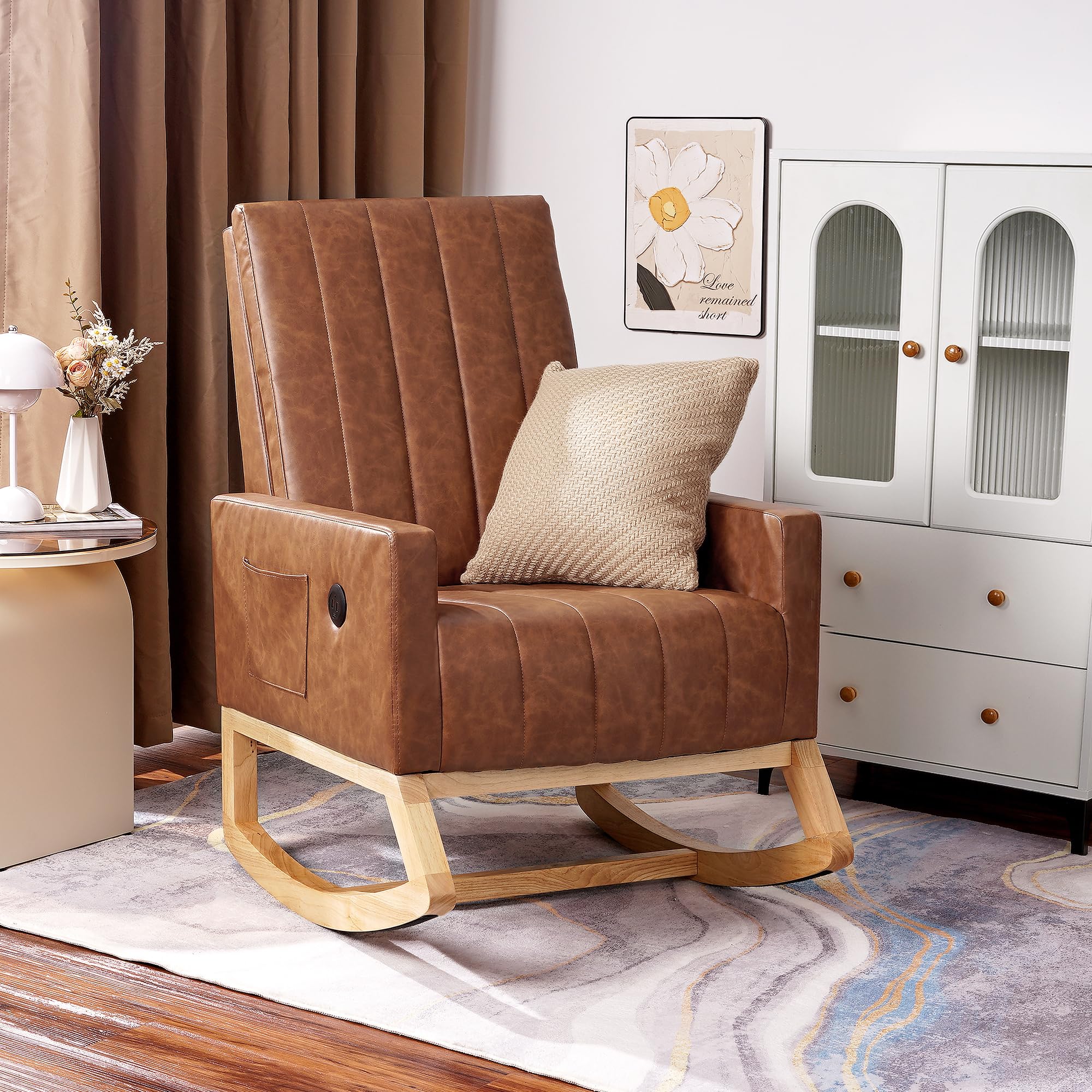 VECELO Modern Leather Rocking Chair with USB Port & Side Pocket - High Back Upholstered Nursery Glider Accent Rocker with Wood Legs for Living Room, Bedroom, Nursery - Perfect for Nursing, Relaxing & Reading (Brown)