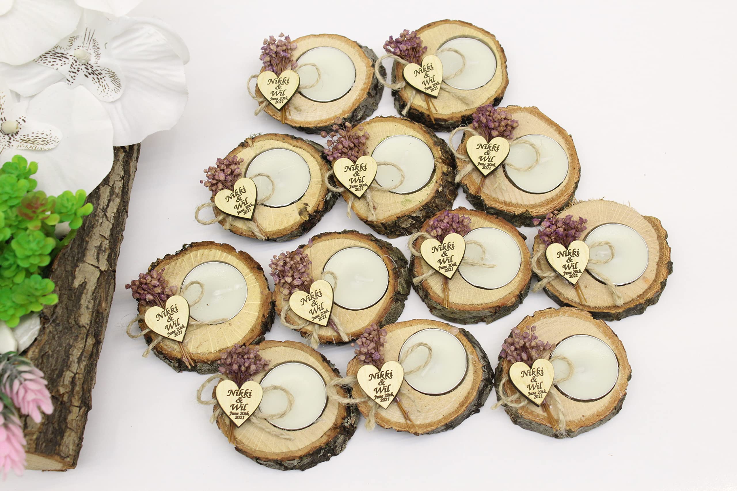 50 Pcs Personalized Wooden Log Candle Holders - Wedding Favors for Guests, Memorial Candles, Tealight Holders - Rustic Home Decor for Weddings, Bridal Showers, Sympathy Gifts & Memorial Services