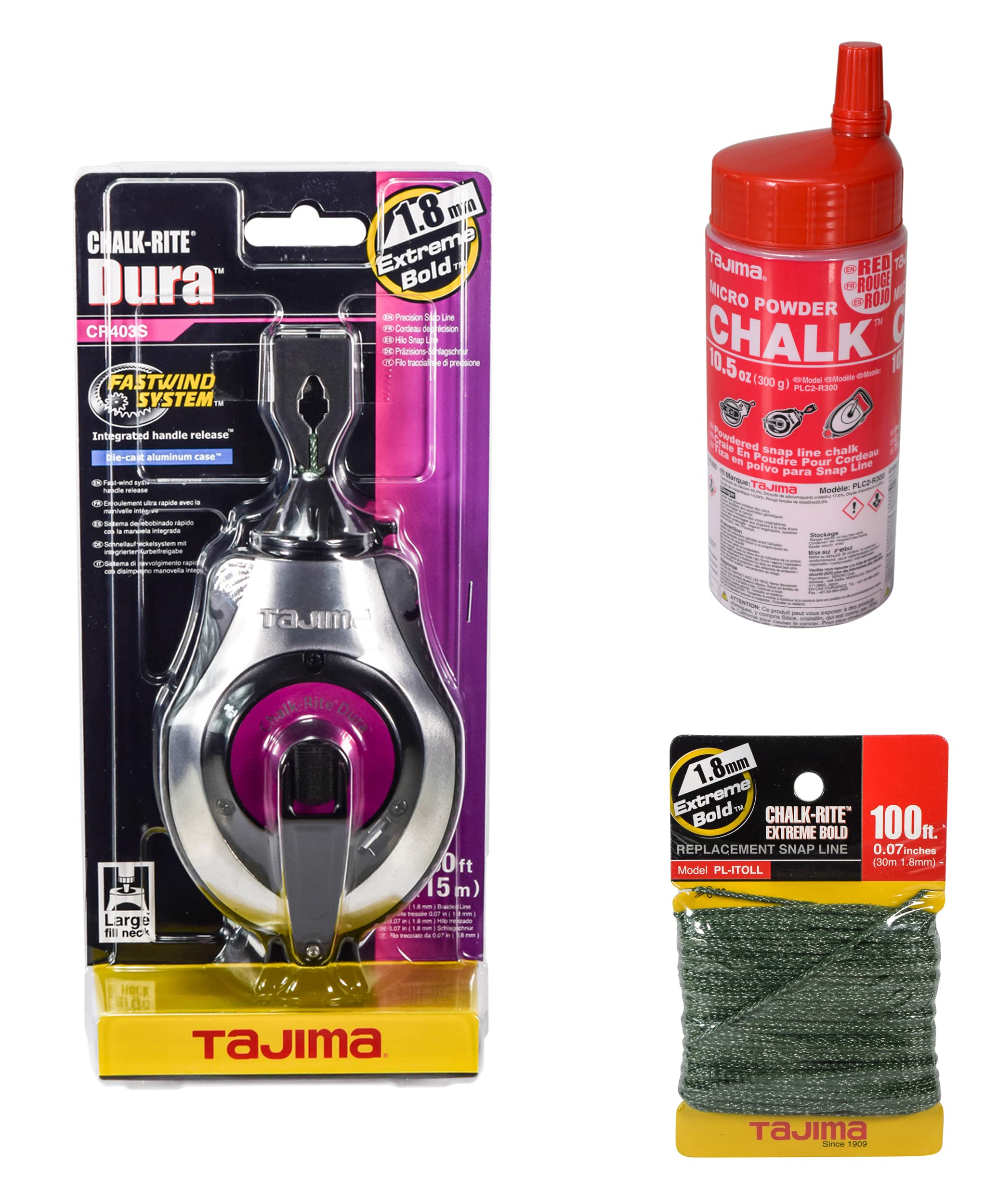 Tajima Chalk-Rite Dura 1.8mm Snap Line Chalk Box with Braided Replacement Line & 10.5oz Ultra-Fine Red Chalk - Professional Chalk Line Tool for Construction, Carpentry, Masonry and DIY Home Projects
