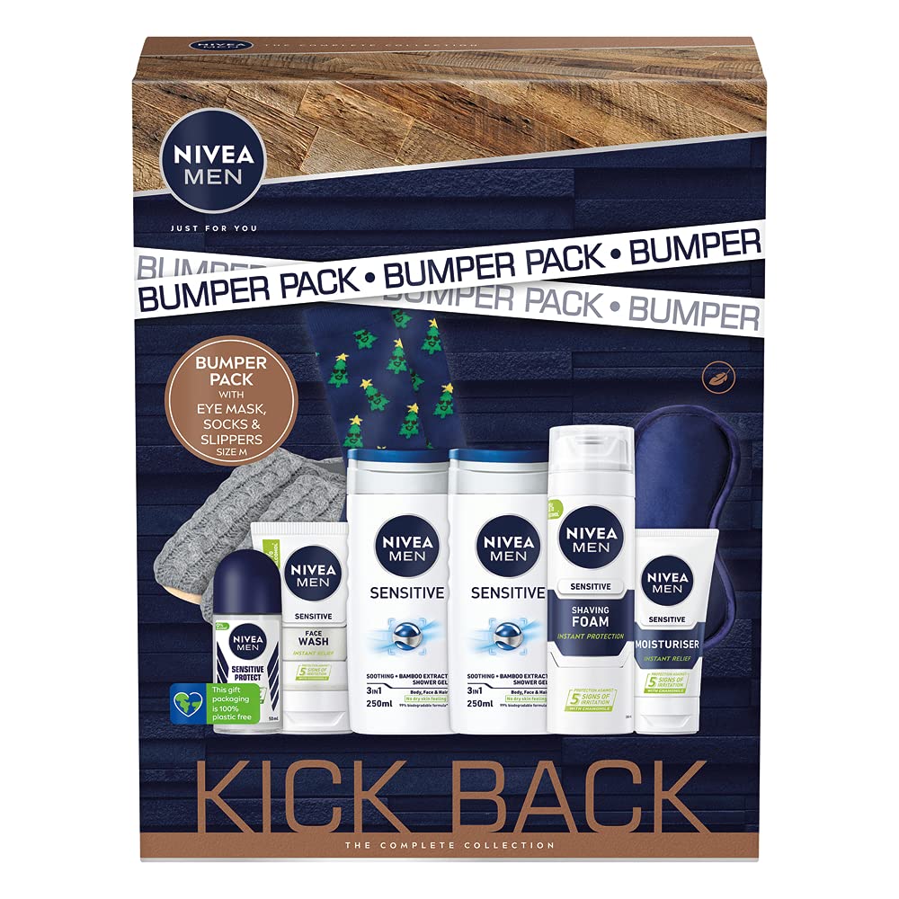NIVEA MEN Kick Back Bumper Pack (5-Piece) Sensitive Skin Gift Set for Men - Includes Deodorant, Face Wash, Aftershave Balm, Moisturizer & Shower Gel - Perfect for Travel, Gifts & Daily Skincare Routine