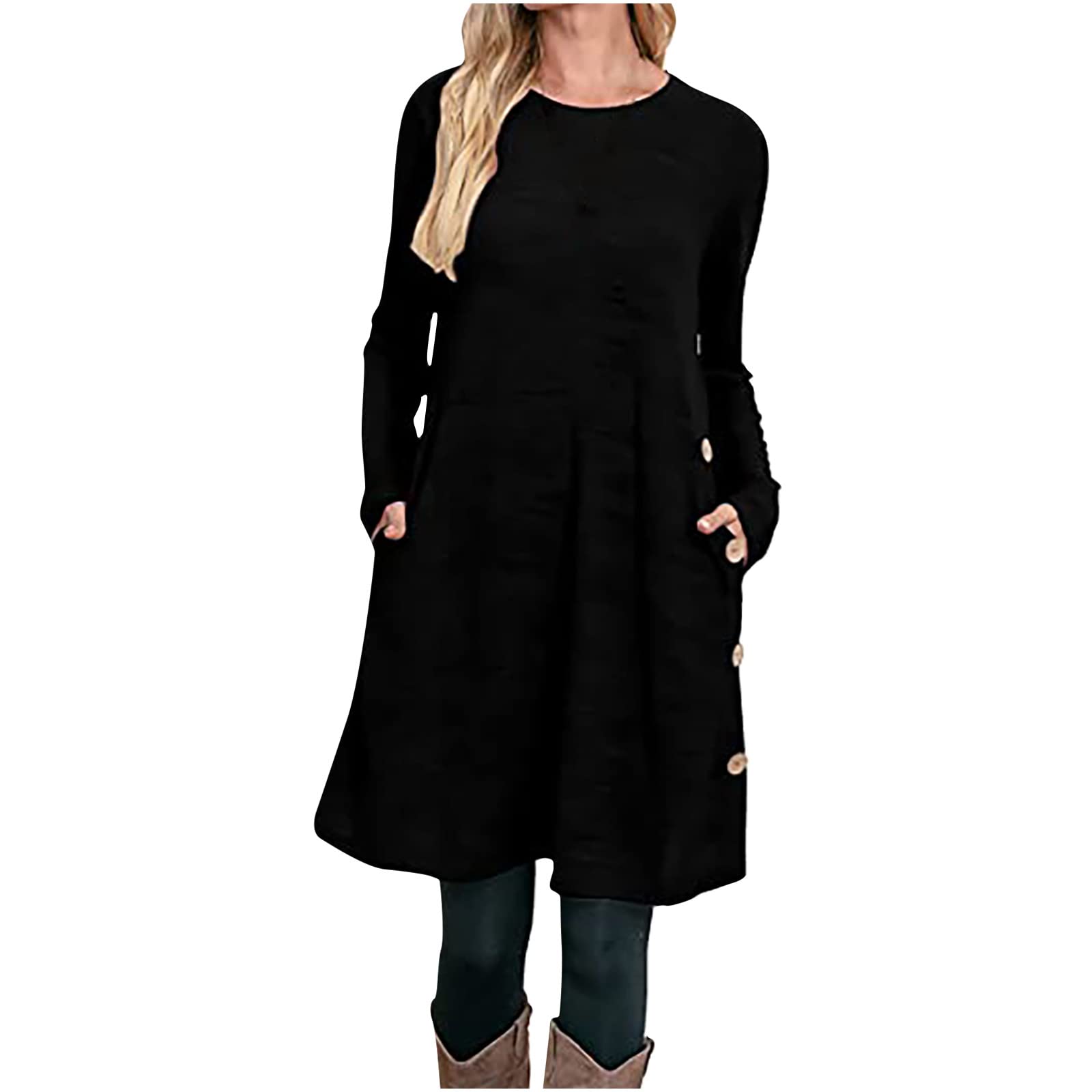 LONGZUVS Women's Casual T-Shirt Dress - Spring Round Neck Printed Loose Fit Long Sleeve Button Down Mini Dress | Comfortable Everyday Wear for Outings, Work & Date Nights
