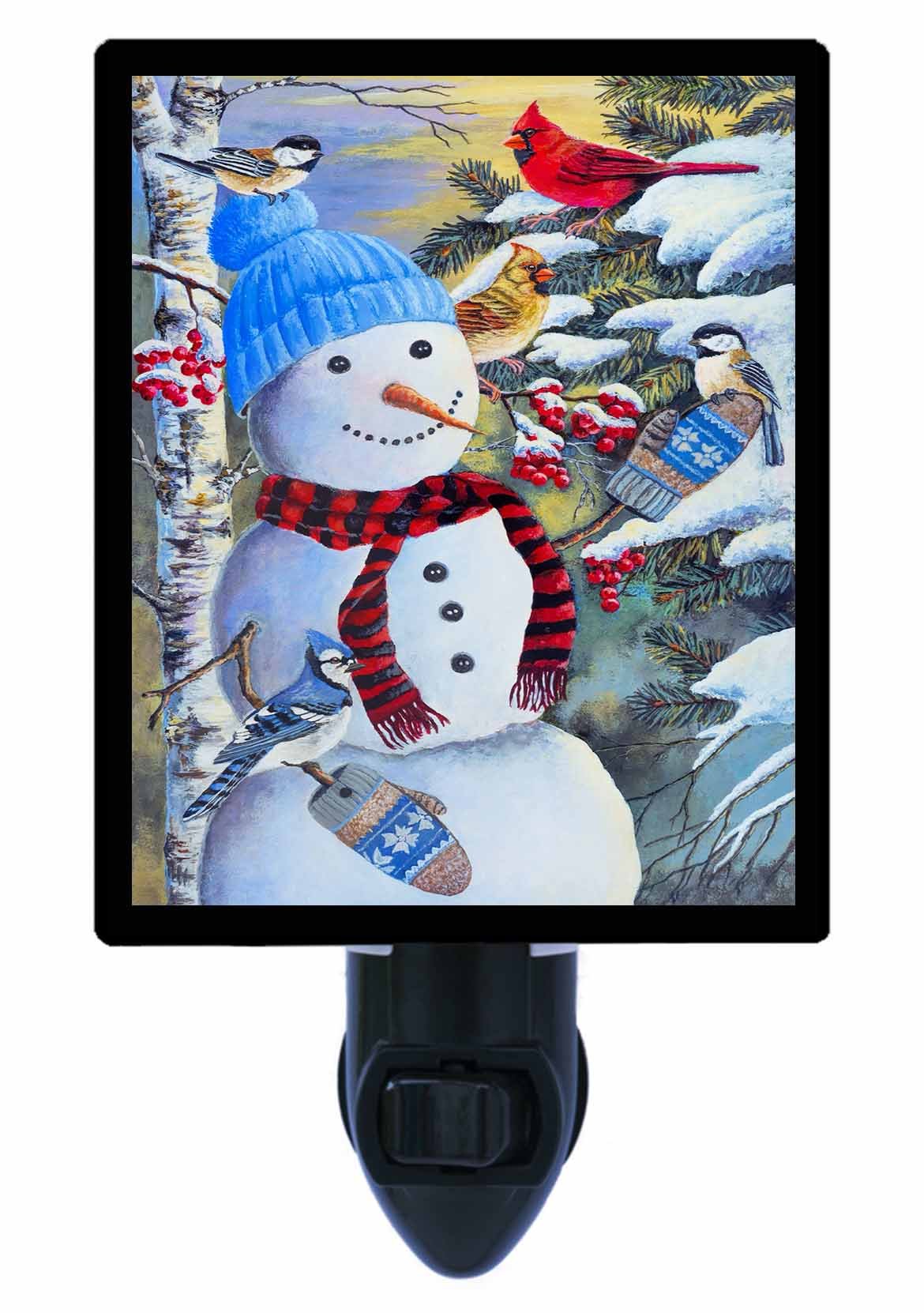 Snowman & Birds LED Night Light - Cardinals, Chickadees, Bluebird Design - Energy Efficient Plug-in Nightlight for Nursery, Bedroom, Hallway