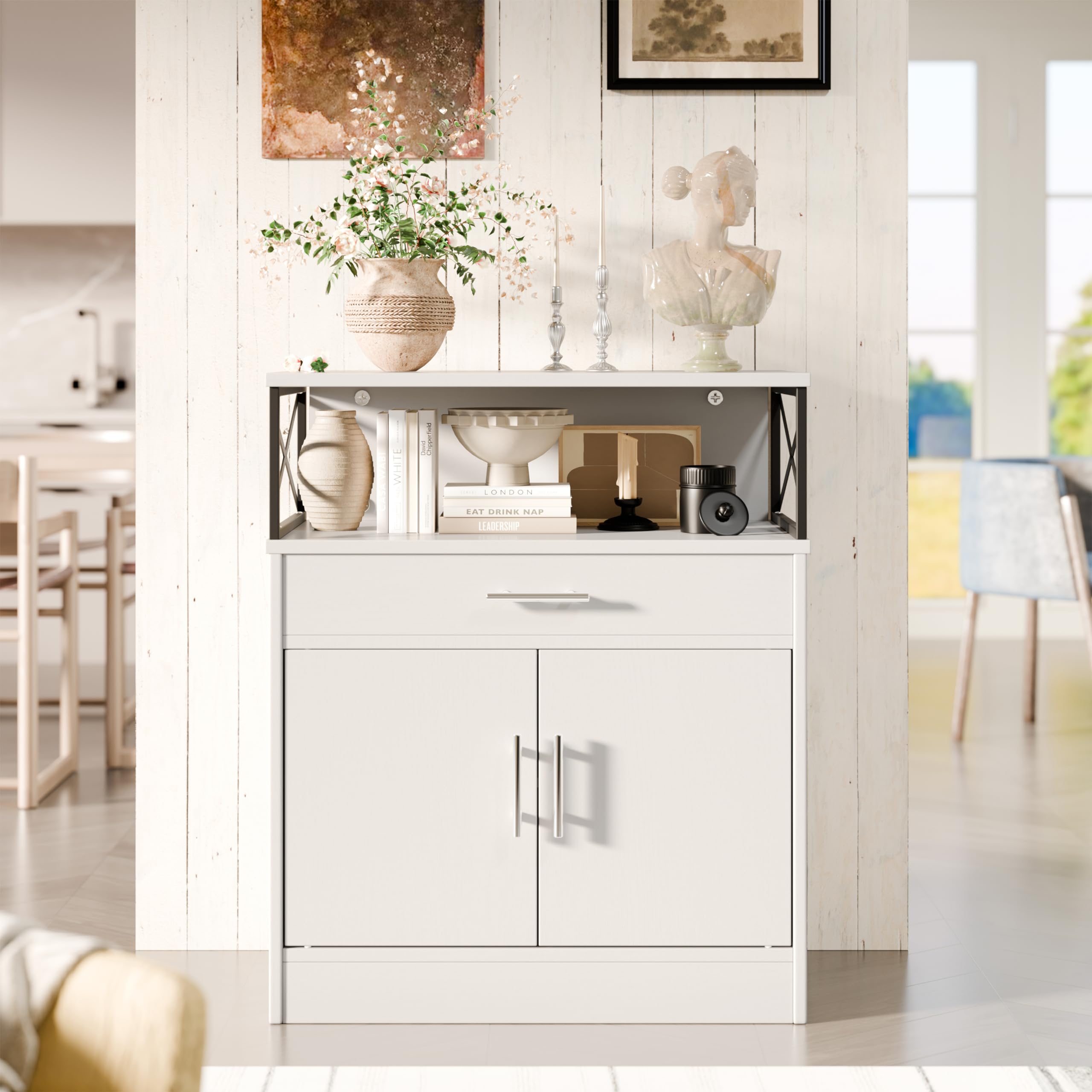 SUNLEI White Farmhouse Kitchen Buffet Cabinet with 2 Doors, 1 Drawer & Adjustable Shelves - Storage Sideboard for Dining Room, Living Room & Laundry - Perfect for Coffee Bar Setup & Home Organization