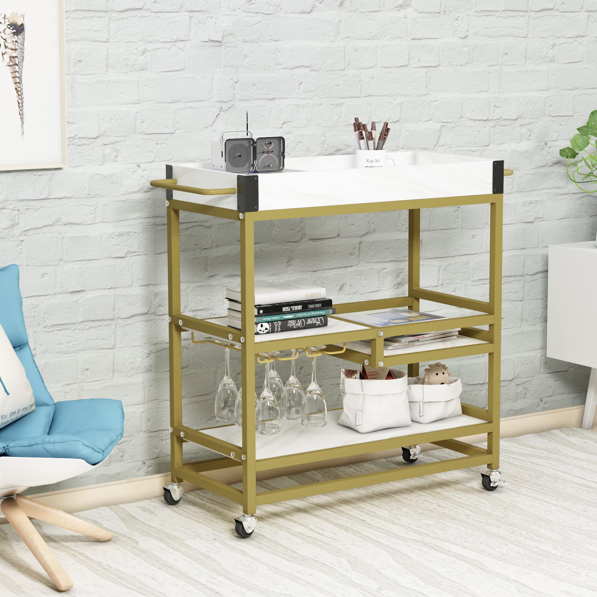 Goujxcy Mobile Kitchen Island Cart with Storage - Rolling Kitchen Cart with Drawers, Cabinets & Lockable Casters - Adjustable Shelves for Small Spaces (A1-Gold2) - Perfect for Compact Kitchens, Dining Areas & Home Organization