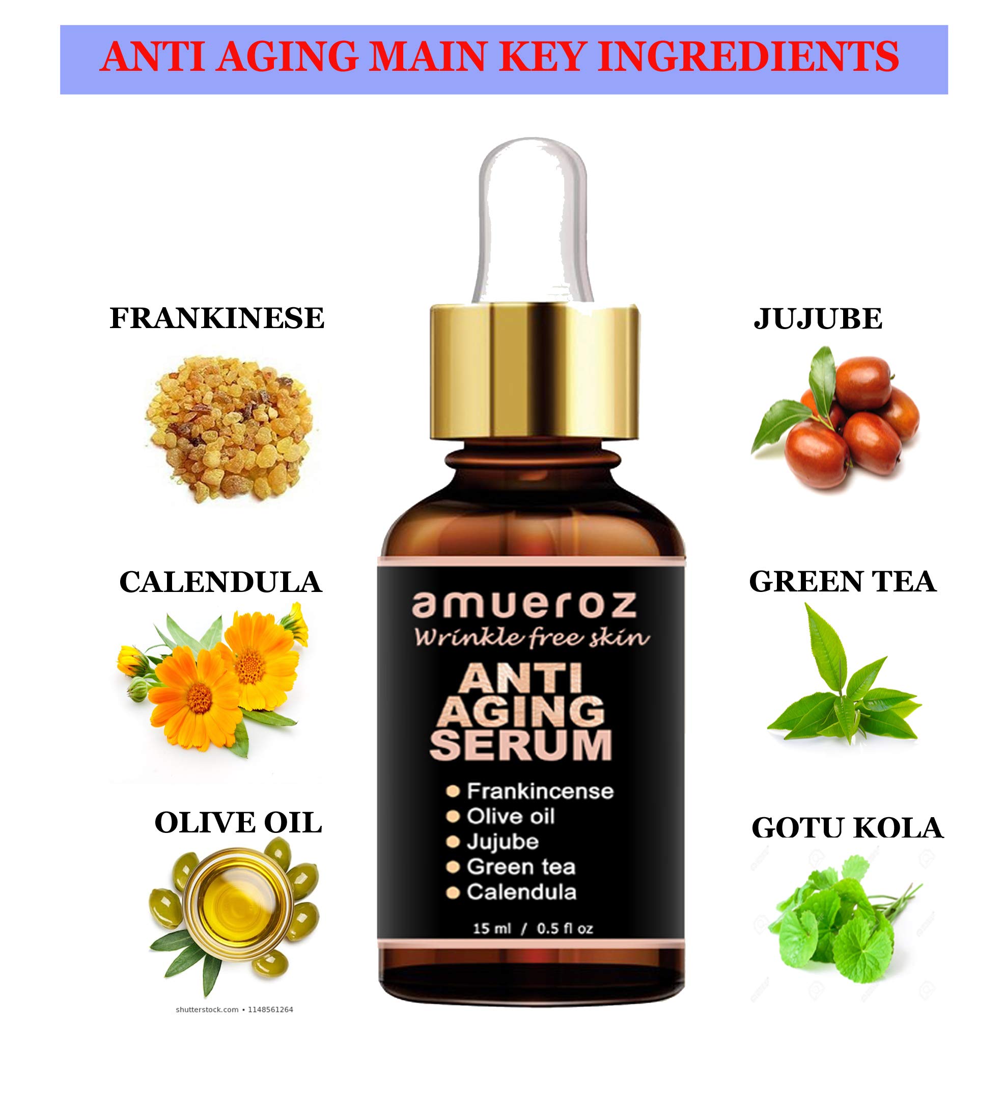 Amueroz 24K Gold Anti-Aging Serum – Deep Wrinkle Repair & Skin Brightening with Gotu Kola, Calendula, Jujube & Green Tea Extract – Reduces Acne & Fine Lines – 15ml – Perfect for Nighttime Skincare Routine & Daily Hydration