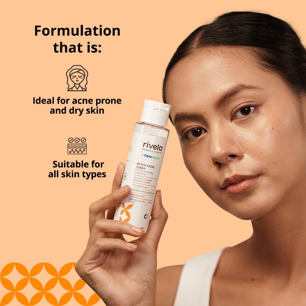 Rivela Dermascience Witch Hazel Face Toner by Cipla | Alcohol-Free Hydrating Toner for Pore Tightening, Soothing & Glowing Skin | With 6 Botanical Extracts to Regulate Sebum Production | 100ml | Perfect for Daily Skincare Routine & Post-Shave Care