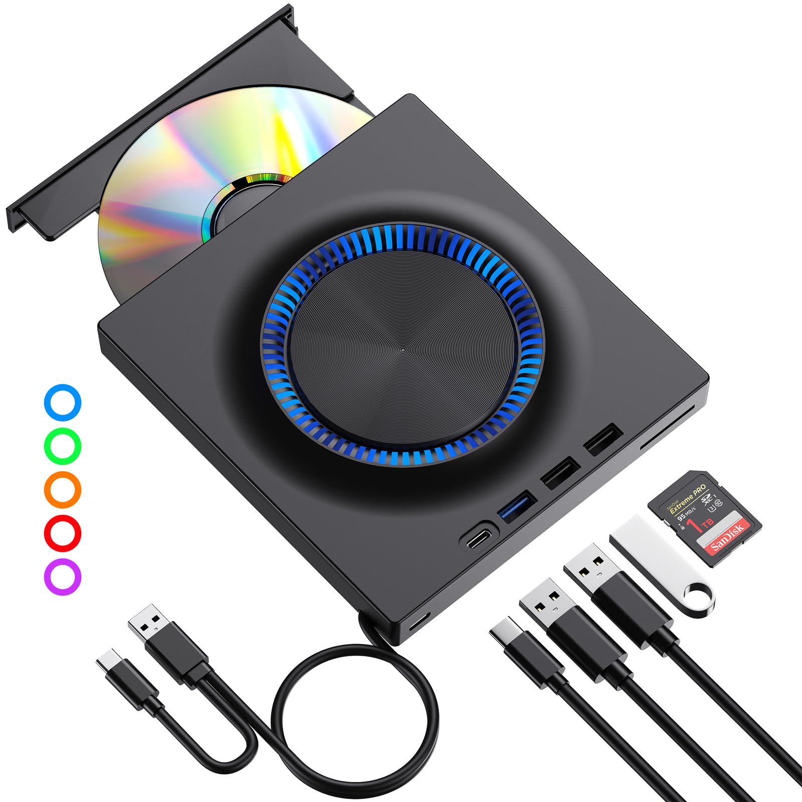 ROOFULL External DVD Drive with USB 3.0 & USB-C Hub - Portable CD/DVD Burner Player with SD Card Reader - Compatible with Mac, Windows 11/10/8/7, Linux PCs - Perfect for Laptop Data Backup, Movie Playback & File Transfer