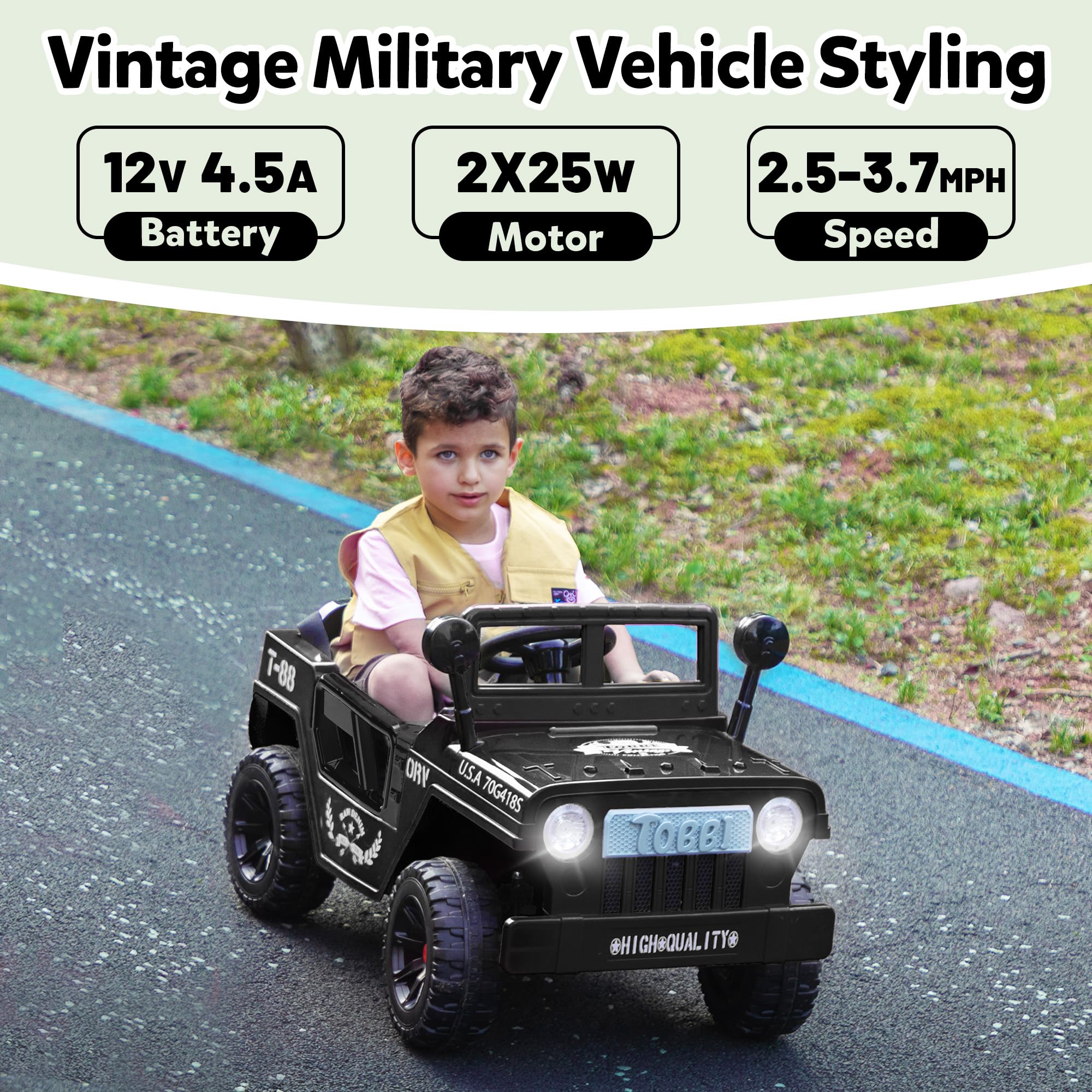 TOBBI 12V Kids Electric Ride On Toy Car - Battery Powered Off-Road Truck with LED Lights, Horn & Suspension - Best Gift for Boys & Girls Ages 3-6 (Black) - Perfect for Outdoor Play, Birthday Presents & Backyard Adventures