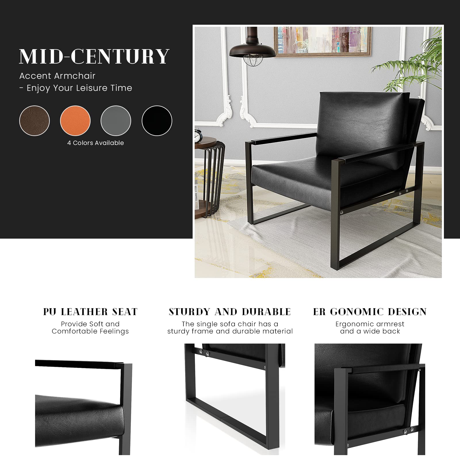 Mid-Century Modern PU Leather Accent Chair with Extra-Large Ergonomic Cushion - Sturdy Metal Frame & Anti-Scratch Foot Mats - Single Sofa Armchair for Living Room, Bedroom, Office & Lounge Areas