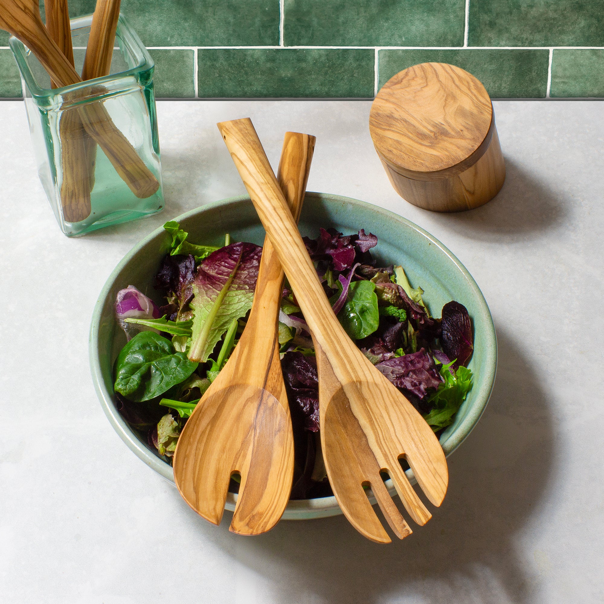 Rock & Branch® Premium Olive Wood Salad Serving Set - Handcrafted Wooden Utensils for Tossing & Serving Fresh Salads, Perfect for Dinner Parties & Healthy Meals