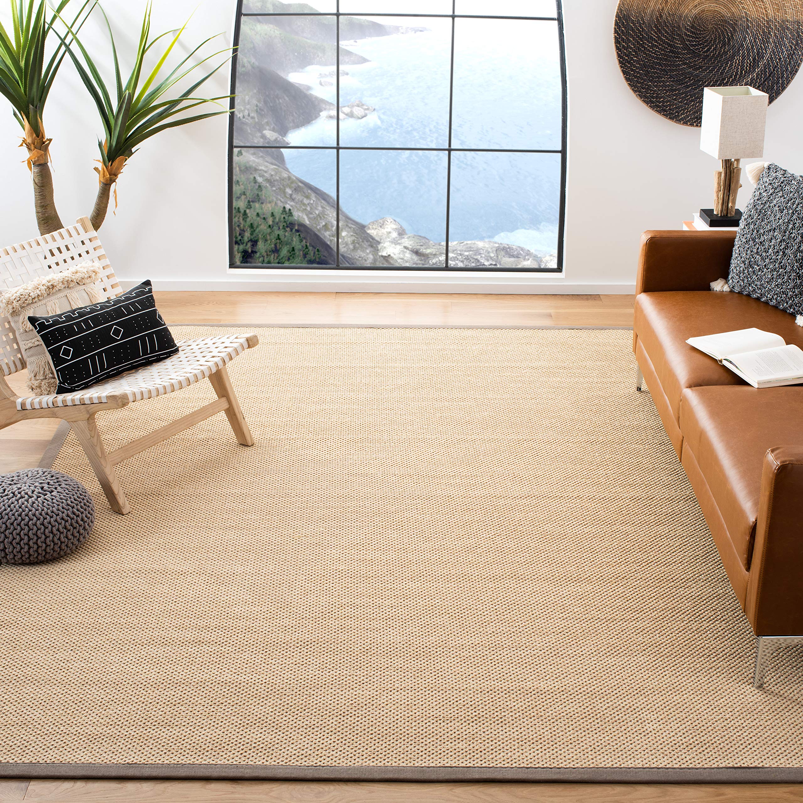 SAFAVIEH Natural Fiber Collection 6'x6' Square Maize & Grey NF141G Border Sisal Jute Area Rug - Perfect for Living Room, Bedroom, or Office Decor