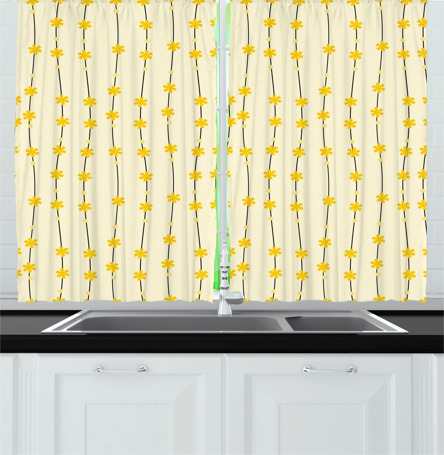 Ambesonne Floral Kitchen Curtains - Yellow Black Champagne Daffodil Design with Beaded Accents, 55