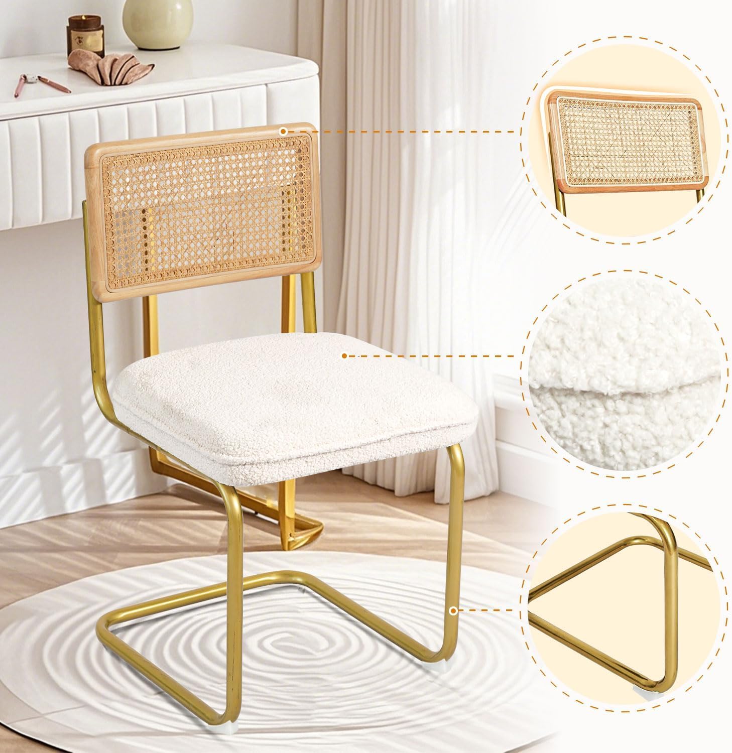 Modern Rattan Dining Chairs Set of 2 - Natural Woven Backrest & Sturdy Metal Legs, Comfortable Fleece Upholstered Armless Side Chairs for Kitchen, Living Room, Study, Office - Cream | Perfect for Home Dining, Coffee Shops, and Cozy Reading Nooks