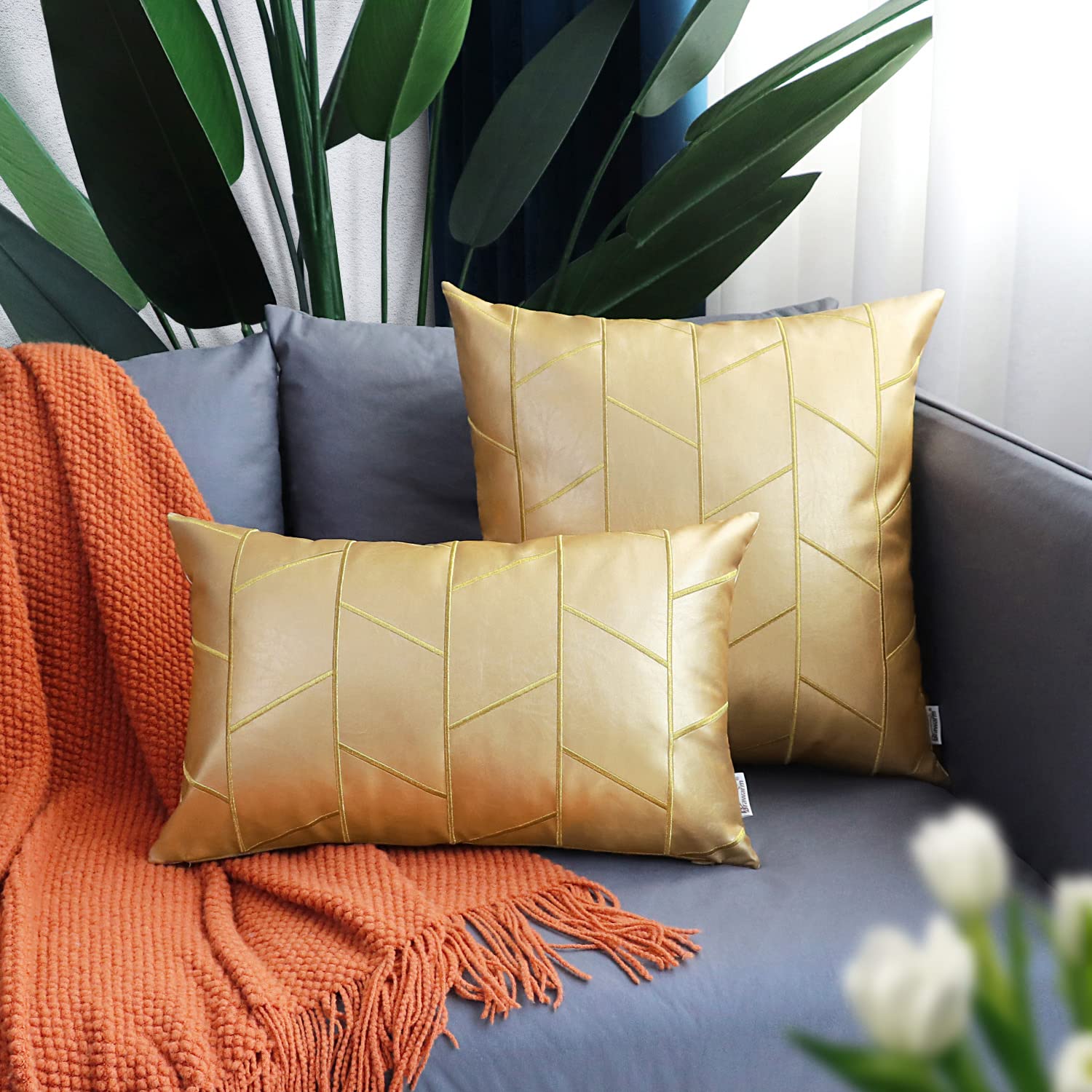 BRAWARM 16x16 Inch Faux Leather Pillow Covers Set of 2 - Gold Geometric Embroidery Decorative Throw Pillows for Living Room, Couch, Bed, Sofa | Luxury Home Decor Accent for Modern & Farmhouse Style Interiors