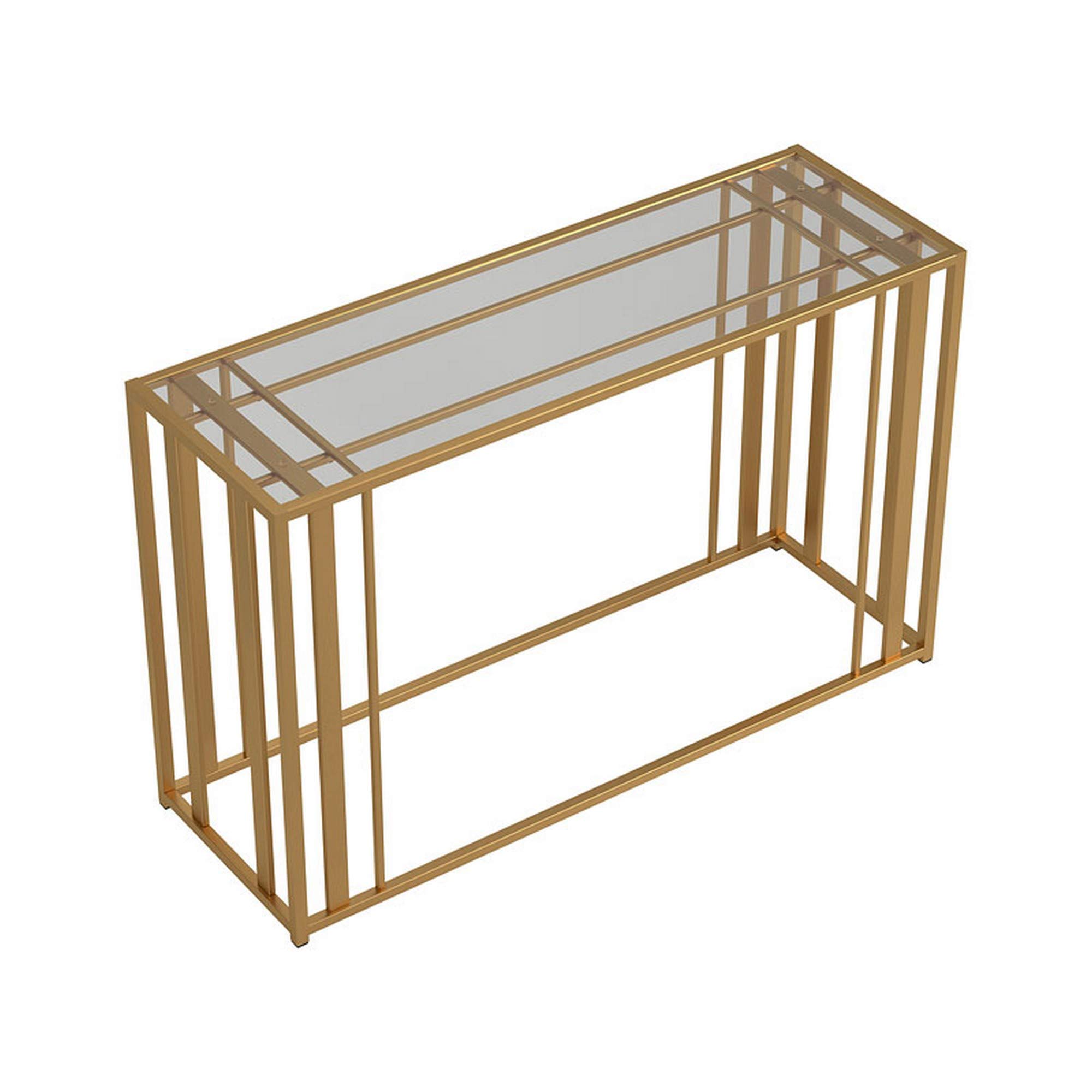 Benjara Modern Glass Top Sofa Table with Sturdy Metal Tubular Base in Brass Finish - Perfect for Living Room, Lounge & Home Decor