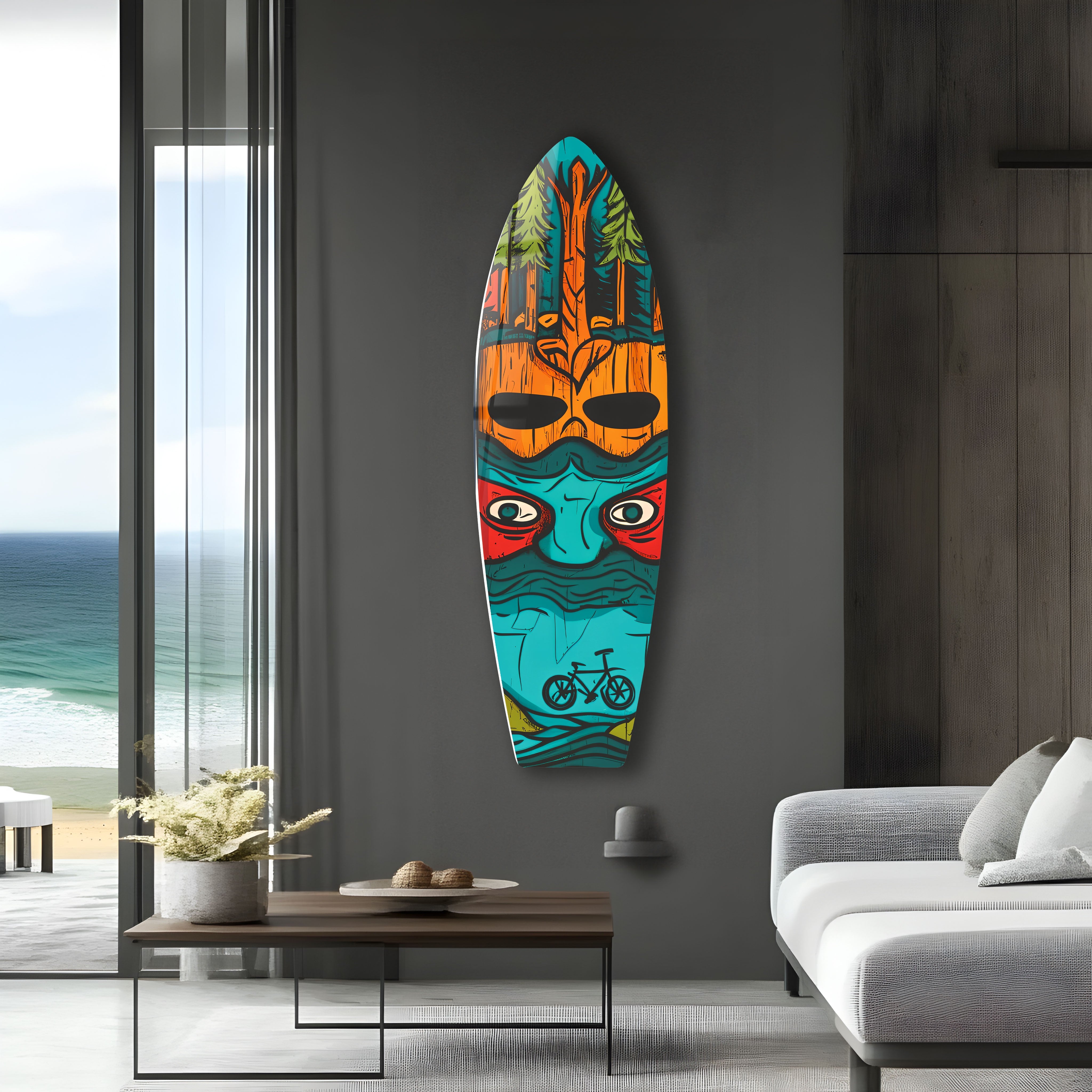 Blue Tree Man Surfboard Wall Art - Coastal Decor for Beach House, Surf Shop & Ocean-Themed Rooms - Handmade Wooden Surfboard Artwork