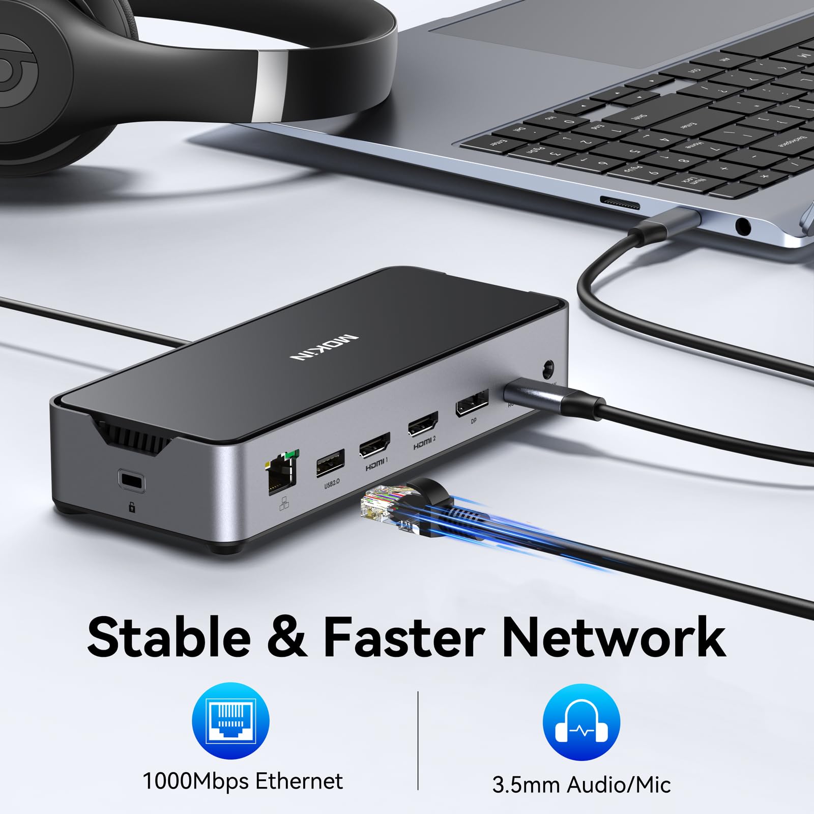 Premium USB C Docking Station for Laptop - Triple Monitor Support with 2 HDMI & DisplayPort 4K@144Hz, USB A 2.0/3.0, USB C 3.1 10Gbps & 30W Output, Ethernet, MicroSD/SD Card Reader, Audio/Mic Ports, 150W DC Power - Compatible with Dell/HP/Lenovo - Perfect for Home Office, Gaming & Professional Workstations
