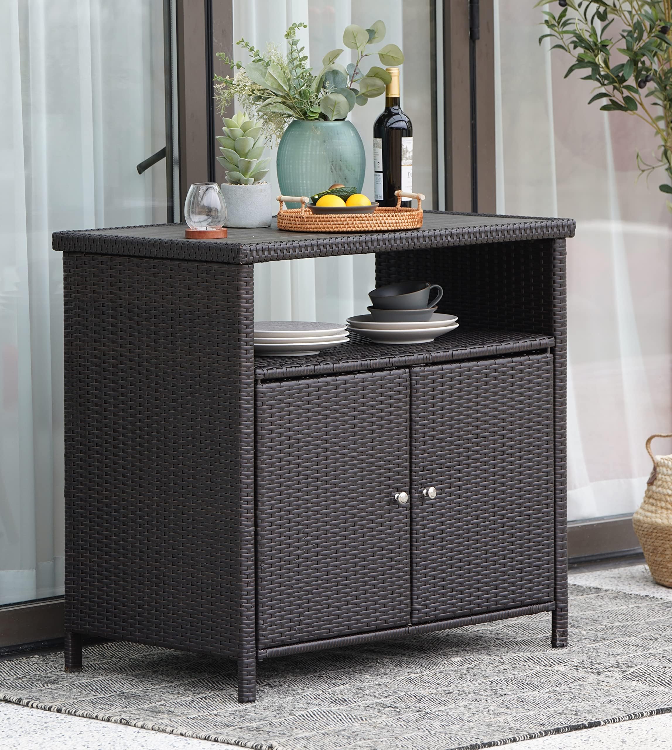 Waterproof Wicker Storage Cabinet with Two Doors and Shelves - Outdoor Patio Buffet Sideboard for Garden, Kitchen, Pool - Dark Brown - Perfect for Storing Cushions, Pool Toys, and Outdoor Dining Essentials