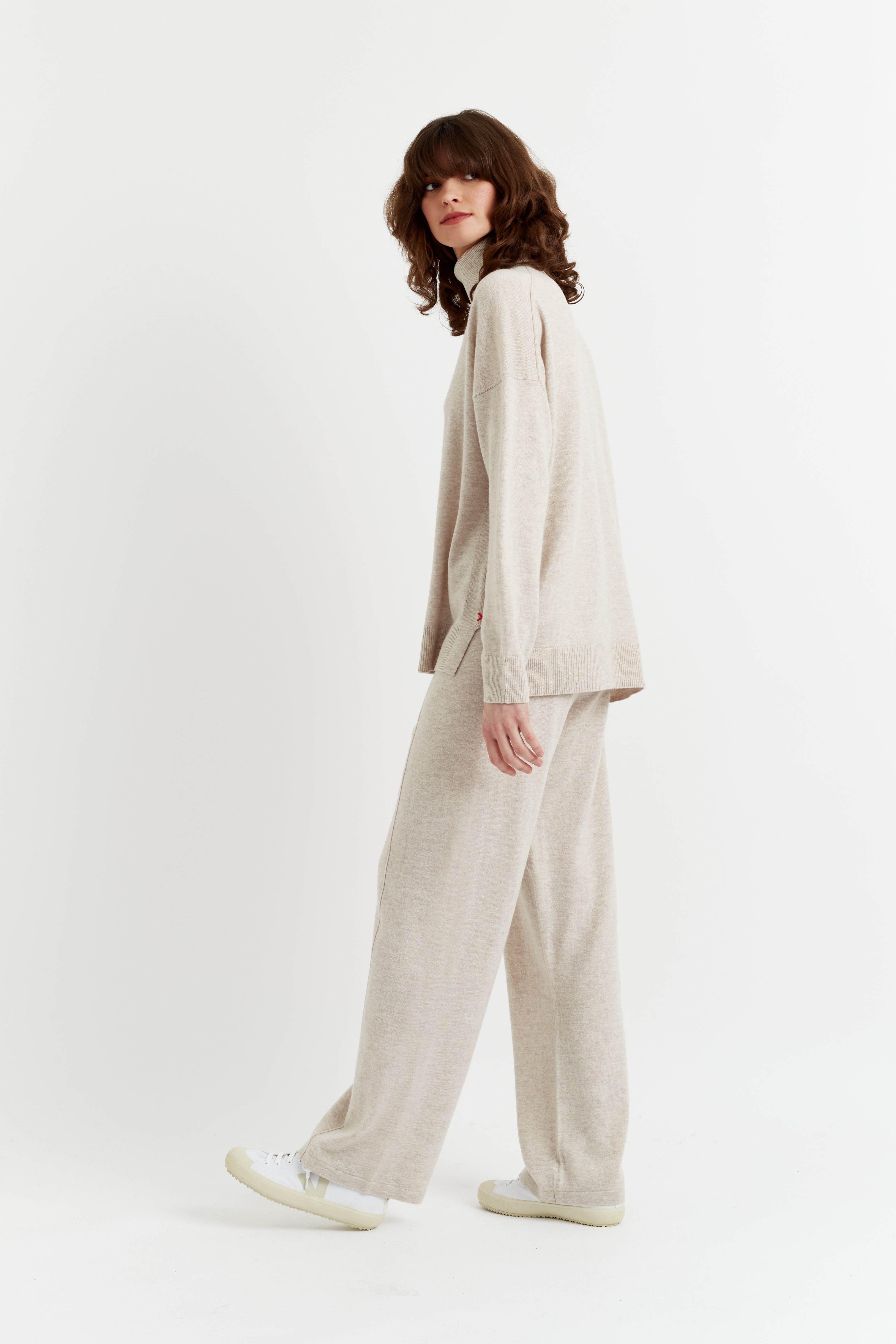 Light Oatmeal Wool Cashmere Rollneck Sweater for Women - Soft Winter Knit Pullover for Office & Casual Wear