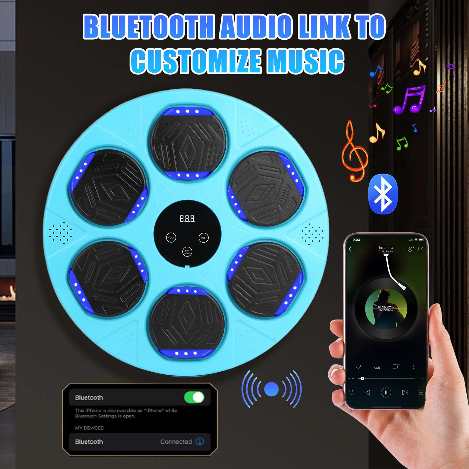 2025 Upgraded Bluetooth Smart Boxing Trainer with Boxing Gloves - Wall Mount Punching Bag Machine for Kids & Adults - Home, Office, Gym Workout Equipment (Blue) | Perfect for Fitness Training, Stress Relief & Cardio Exercise