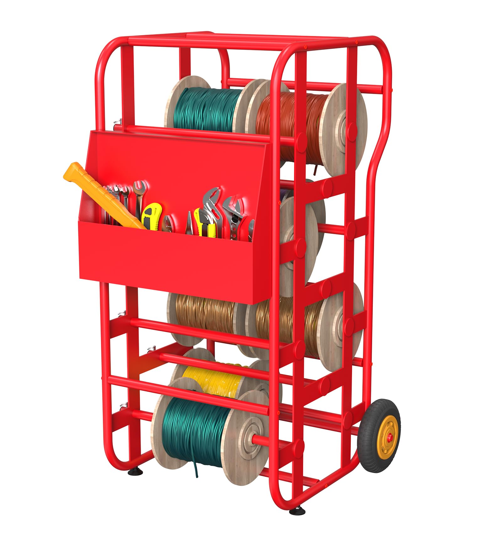 Heavy Duty Wire Spool Holder with Wheels - 6-Spool Electrical Cable Rack Dispenser with Storage Tray | Industrial Wire Organizer for Electricians, DIY Projects & Workshop Storage