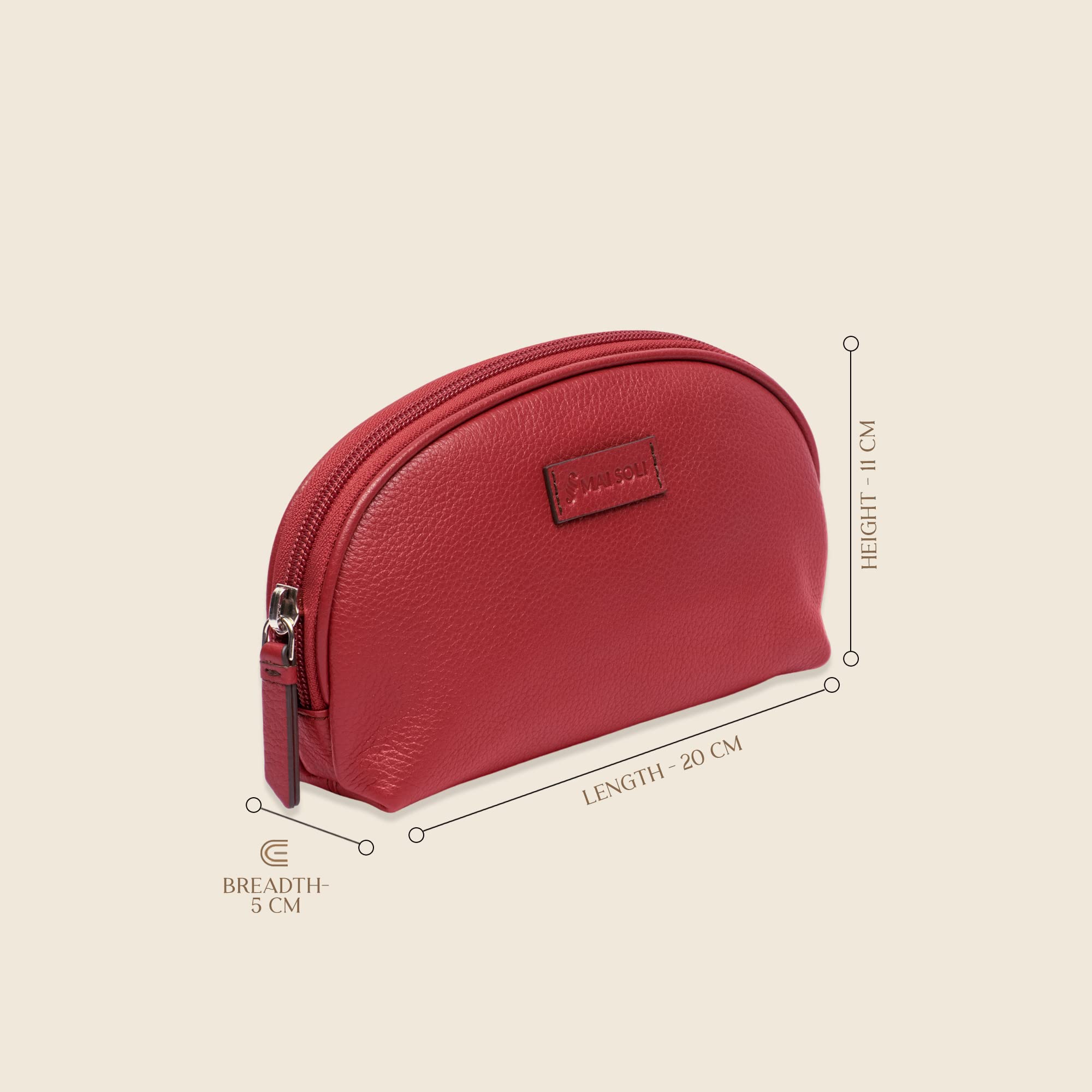 MAI SOLI Large Dome Women's Leather Cosmetic Bag | Makeup Organizer for Brushes, Toiletries & Travel Essentials | Portable Medicine Pouch | Perfect for Daily Use, Vacation & Gift Giving - Red