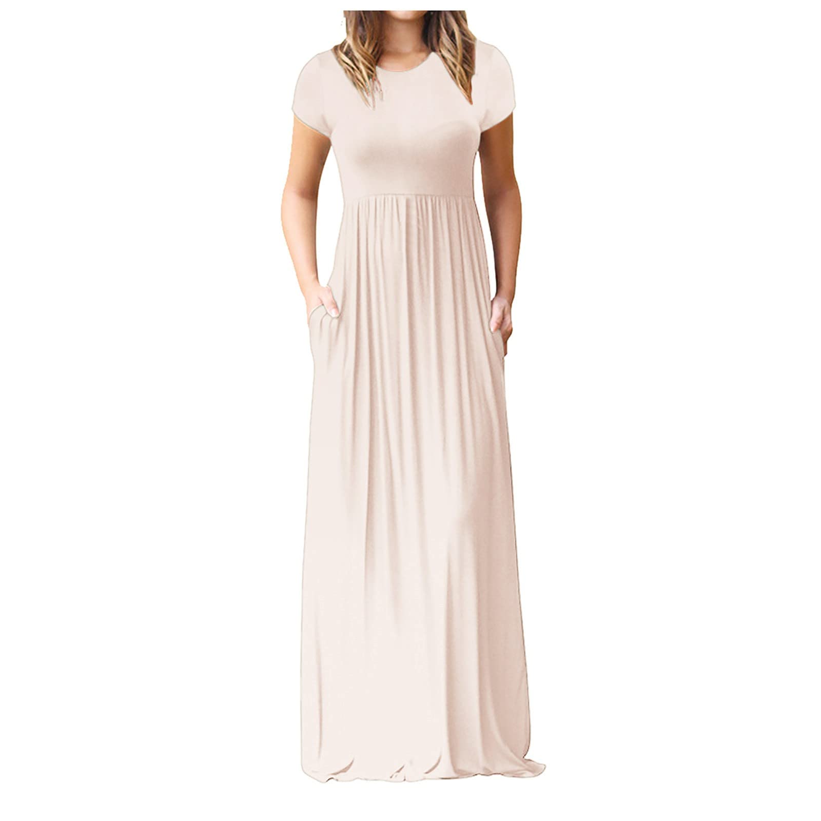 HEiBBDG Women's Short Sleeve Loose Plain Maxi Dress - Casual Long Floral Printed Dress with Pockets | Summer Beach Wear, Vacation Outfit, Boho Chic Style