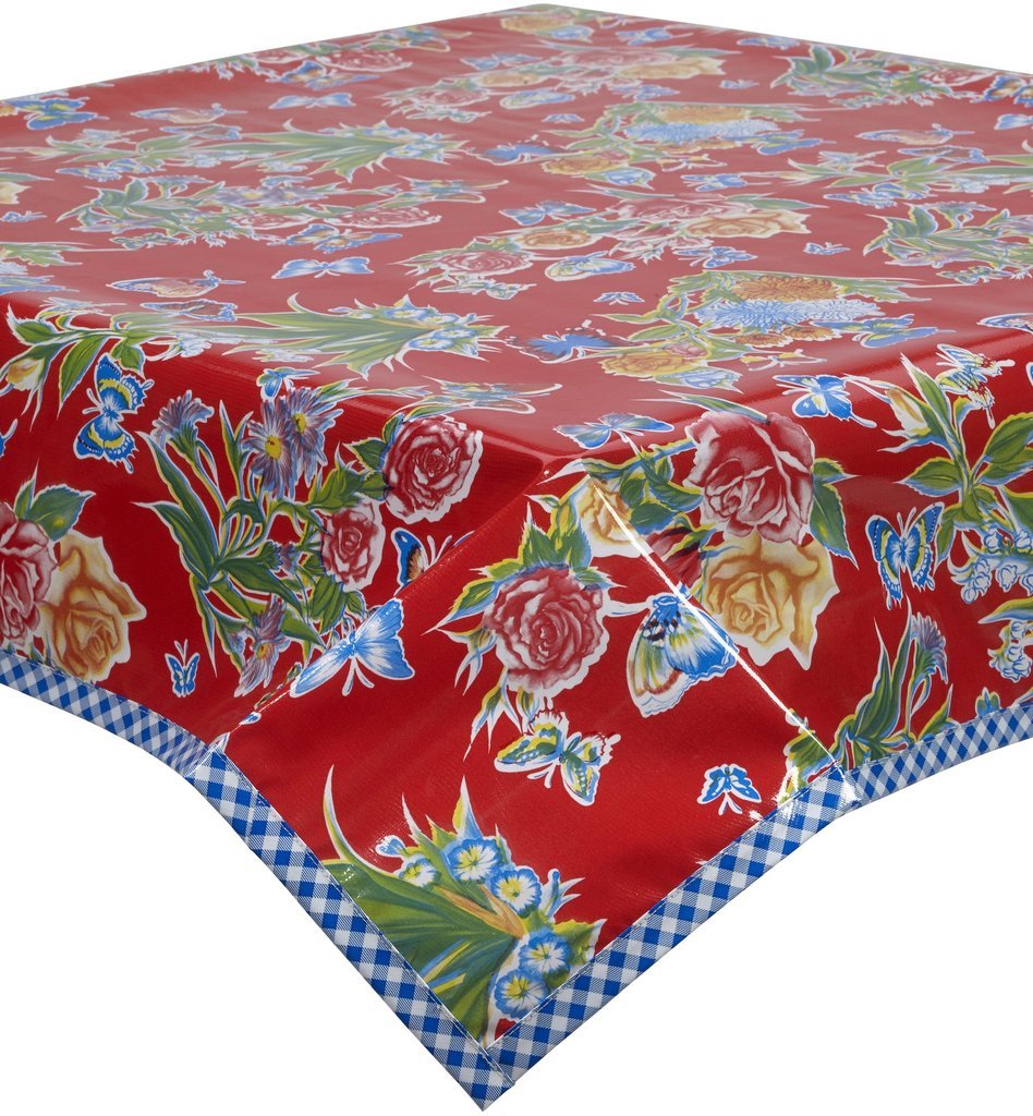 Freckled Sage Oilcloth Tablecloth 48x72 - Red & Blue Gingham for Dining Decor