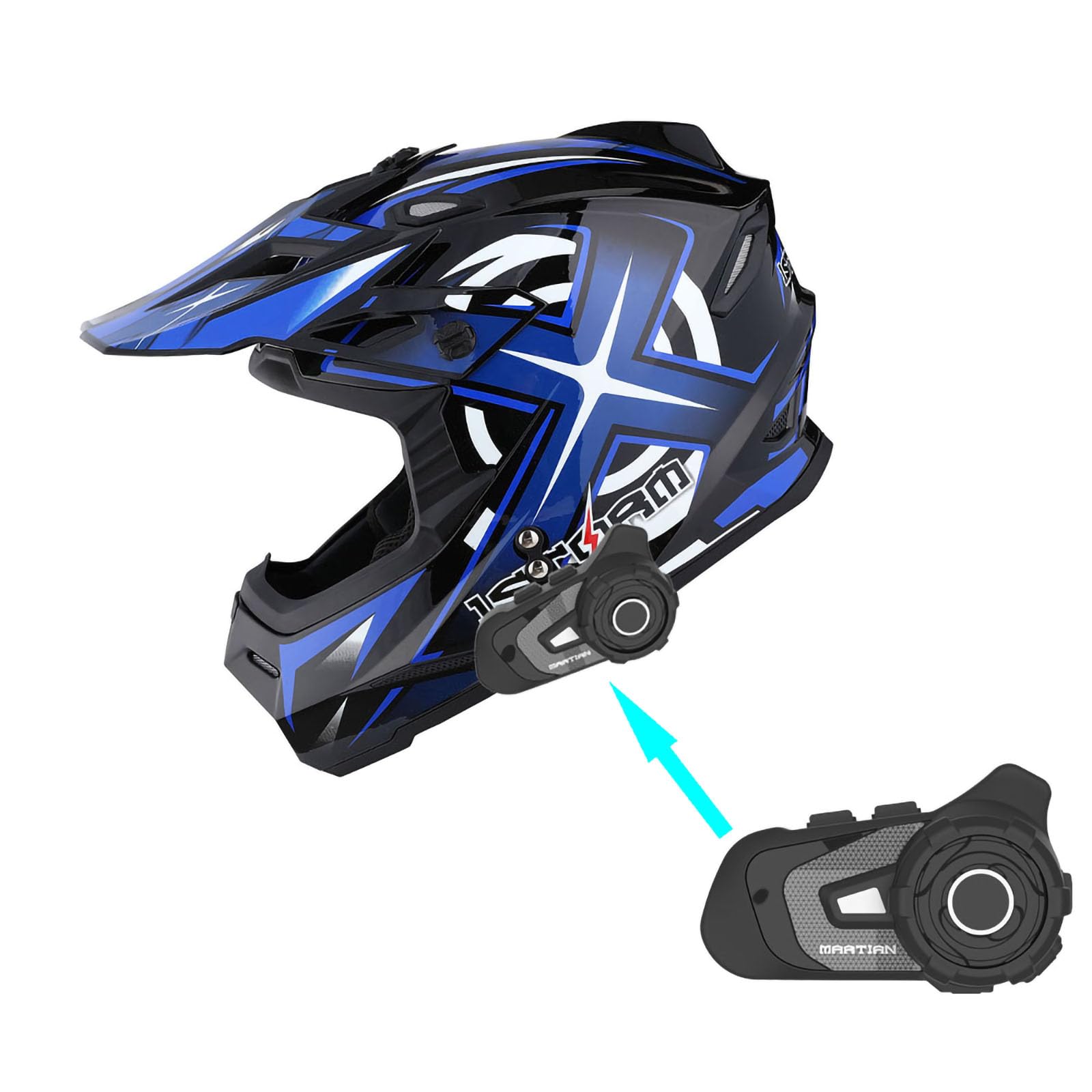 1Storm HF801 Adult Motocross Helmet - BMX MX ATV Dirt Bike Racing Helmet with Bluetooth Headset (Sonic Blue) - Perfect for Off-Road Adventures & Motorcycle Riding