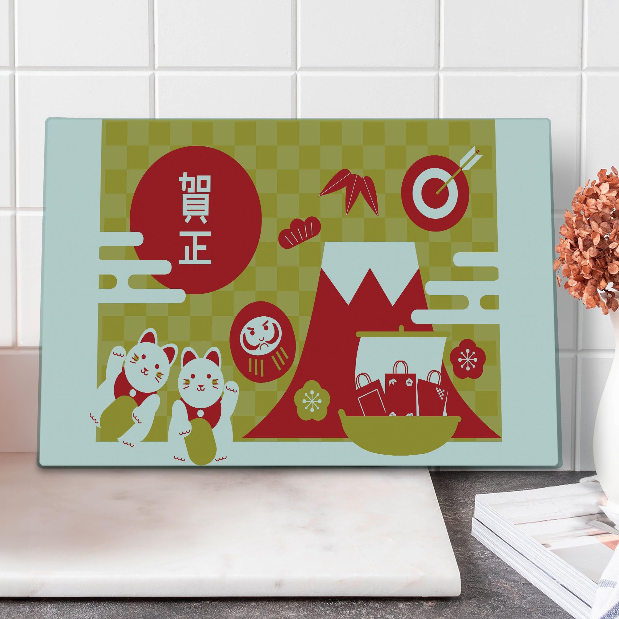 Ambesonne Japanese Cat Cutting Board - Lucky Maneki Neko Dharma Doll Design, Tempered Glass Serving Tray for Kitchen & Dining, Large Size (Vermilion/White/Earth Yellow) - Perfect for Sushi Presentation, Cheese Platters & Holiday Entertaining