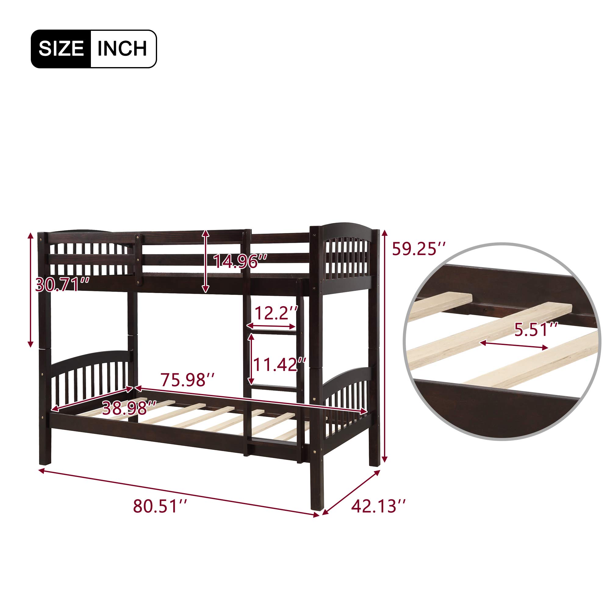 JULYFOX Twin Over Twin Bunk Bed with Finsbury Headboard - Heavy Duty 500 LB Capacity Wooden Bed Frame, No Box Spring Needed, Includes Ladder & Safety Guard Rails - Space Saving Solution for Kids Rooms, Guest Rooms & Small Apartments (Espresso)