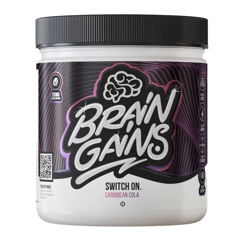 Brain Gains Switch On Caribbean Cola 225g - Premium Energy Drink Powder for Focus & Performance - Perfect for Workouts, Studying & Gaming
