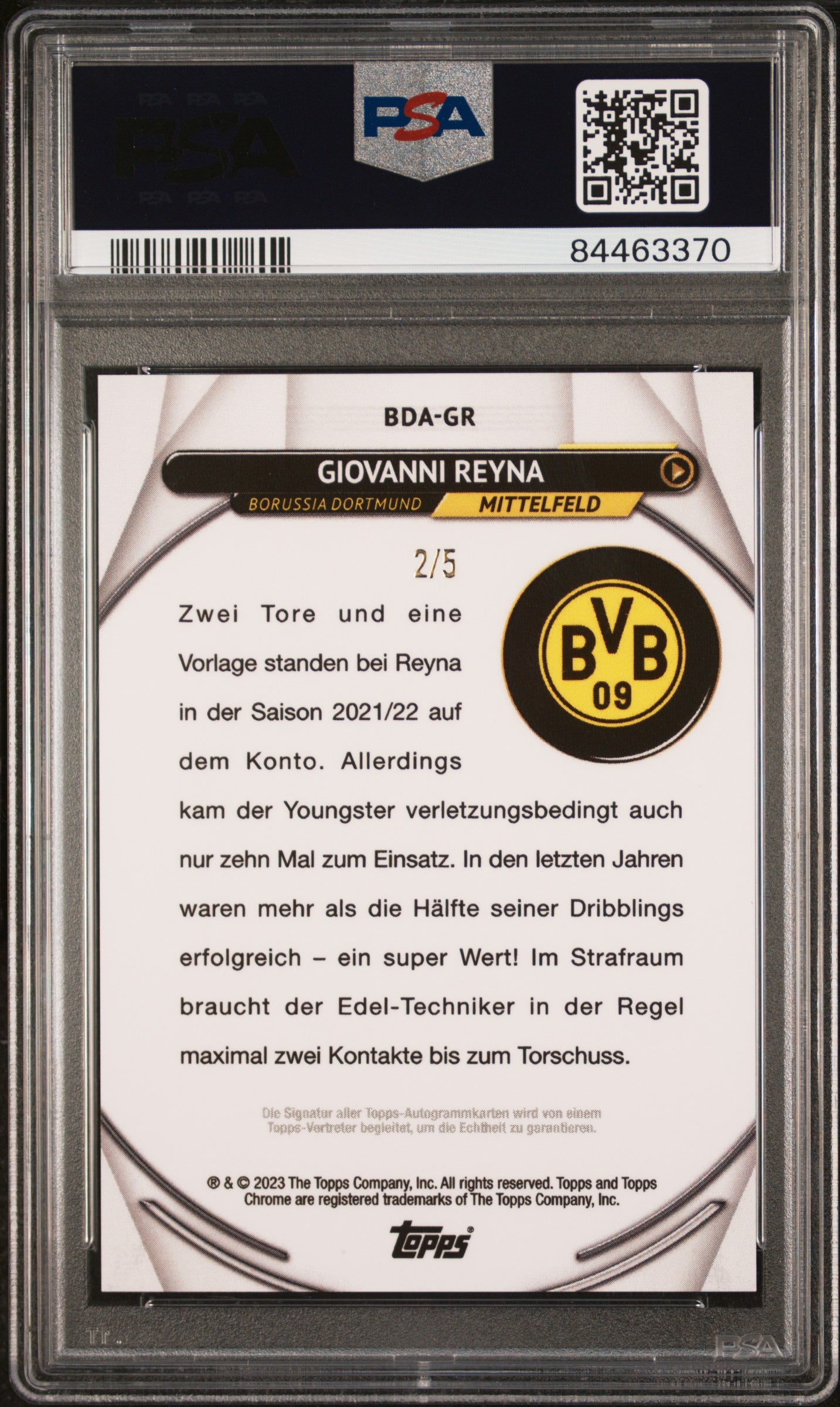 Topps Giovanni Reyna Red On Card Autograph /5 Chrome BVB 2022-23 PSA 10 Graded Soccer Trading Card - Perfect for Collectors, Fans & Investment