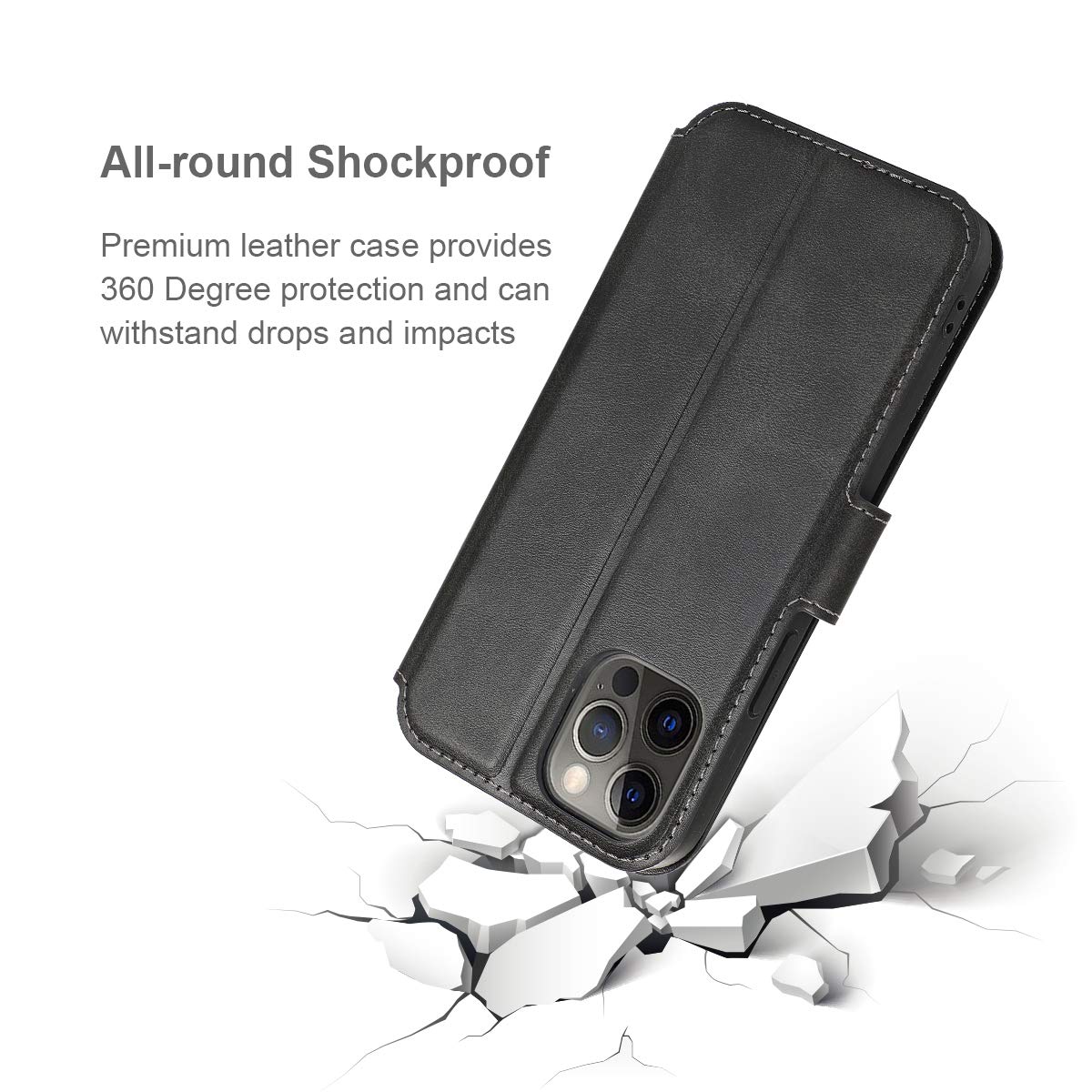 Premium PU Leather iPhone 12 Pro Max Case with Card Slots & Kickstand - Magnetic Closure Shockproof Flip Cover for iPhone 12 Pro Max (6.7 inch) - Black | Wallet Phone Case for Daily Use, Travel & Business Meetings