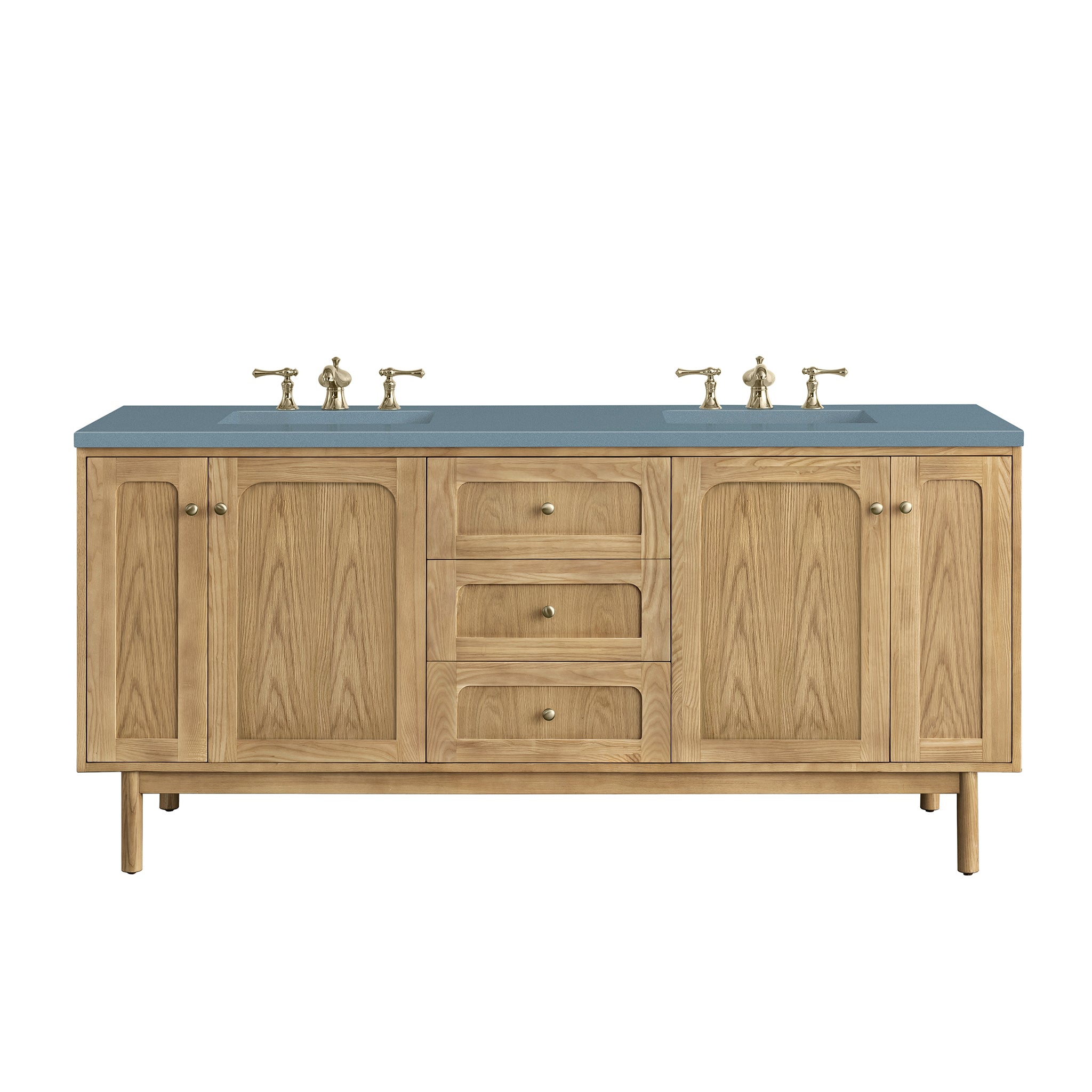 Laurent 72 Inch Double Bathroom Vanity with Light Natural Oak Finish & 3CM Cala Blue Quartz Top - Modern Bathroom Storage Solution for Master Bath or Guest Suite