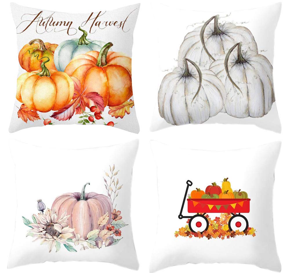 Autumn Pumpkin Pillow Covers 18x18 Inches Set of 4 - Fall Throw Pillow Cases for Couch, Sofa & Bed - Thanksgiving Home Decor for Living Room, Porch & Seasonal Decorations