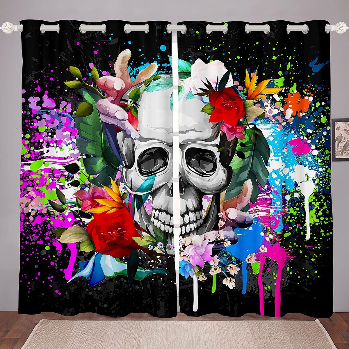 Erosebridal Skull Window Curtains 52x63 Inches - Gothic Skeleton Tie Dye Curtains with Colorful Floral Leaf Design, Black 2-Panel Set for Bedroom, Living Room & Dorm Decor - Perfect for Girls, Teens & Women's Hippie Style Rooms