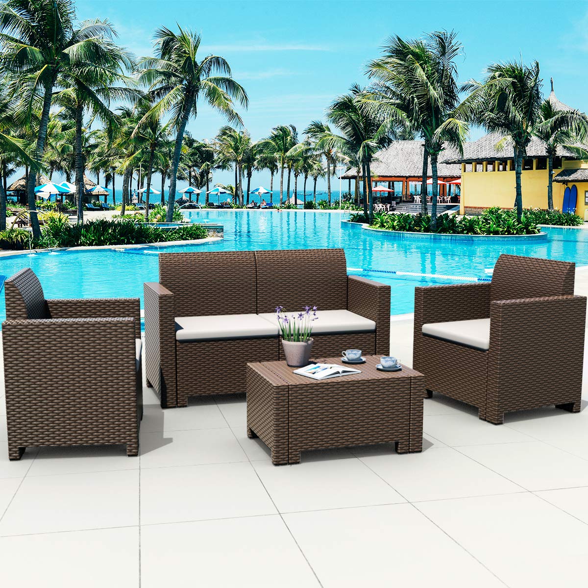Tangkula 4-Piece Outdoor Patio Furniture Set - Italian-Made Wicker Sectional Sofa with Removable Cushions, Coffee Table - Perfect for Backyard, Porch, Garden, Poolside & Balcony Relaxation