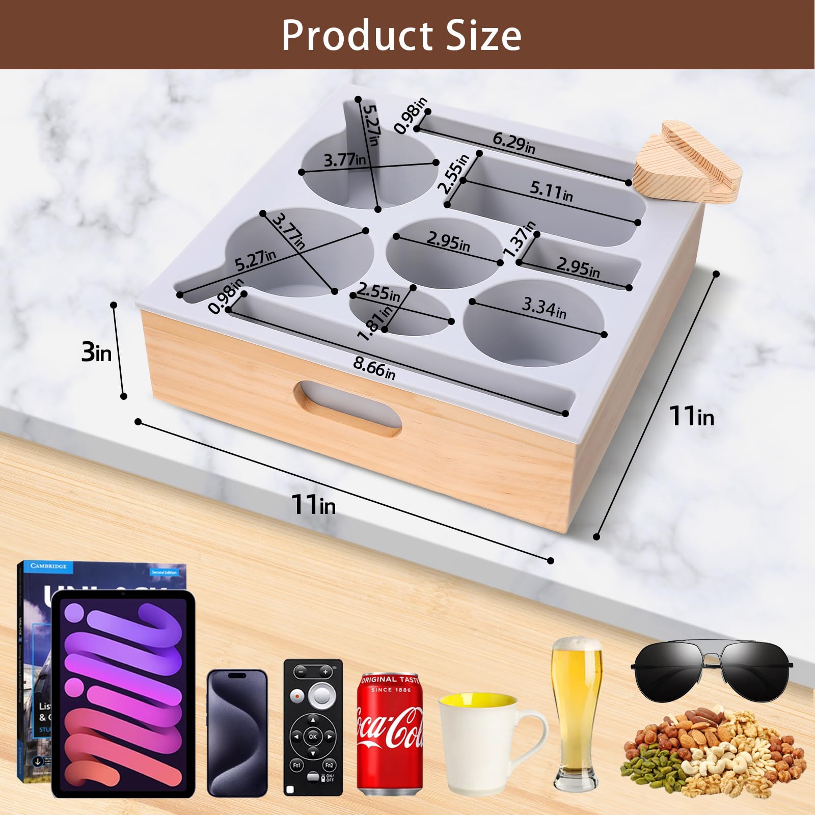 Soft Silicone Wooden Couch Cup Holder Tray with Handle - Anti-Spill Sofa Caddy for Snacks, Beverages & Remote Control - Perfect for Living Room, Bed, Car and Beach (Beige) - Home & Travel Organizer