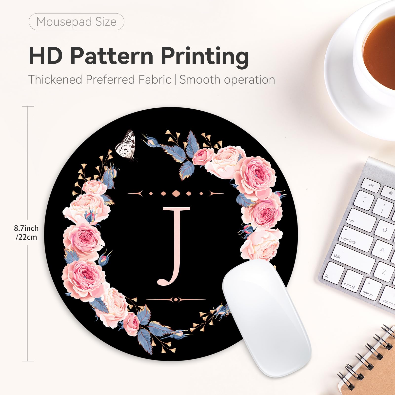 Black and Pink Floral Letter J Round Mouse Pad - Non-Slip Rubber Base, 8.7 Inch Cute Office Desk Accessory for Home & Work Computer Setup | Perfect Gift for Gamers and Professionals