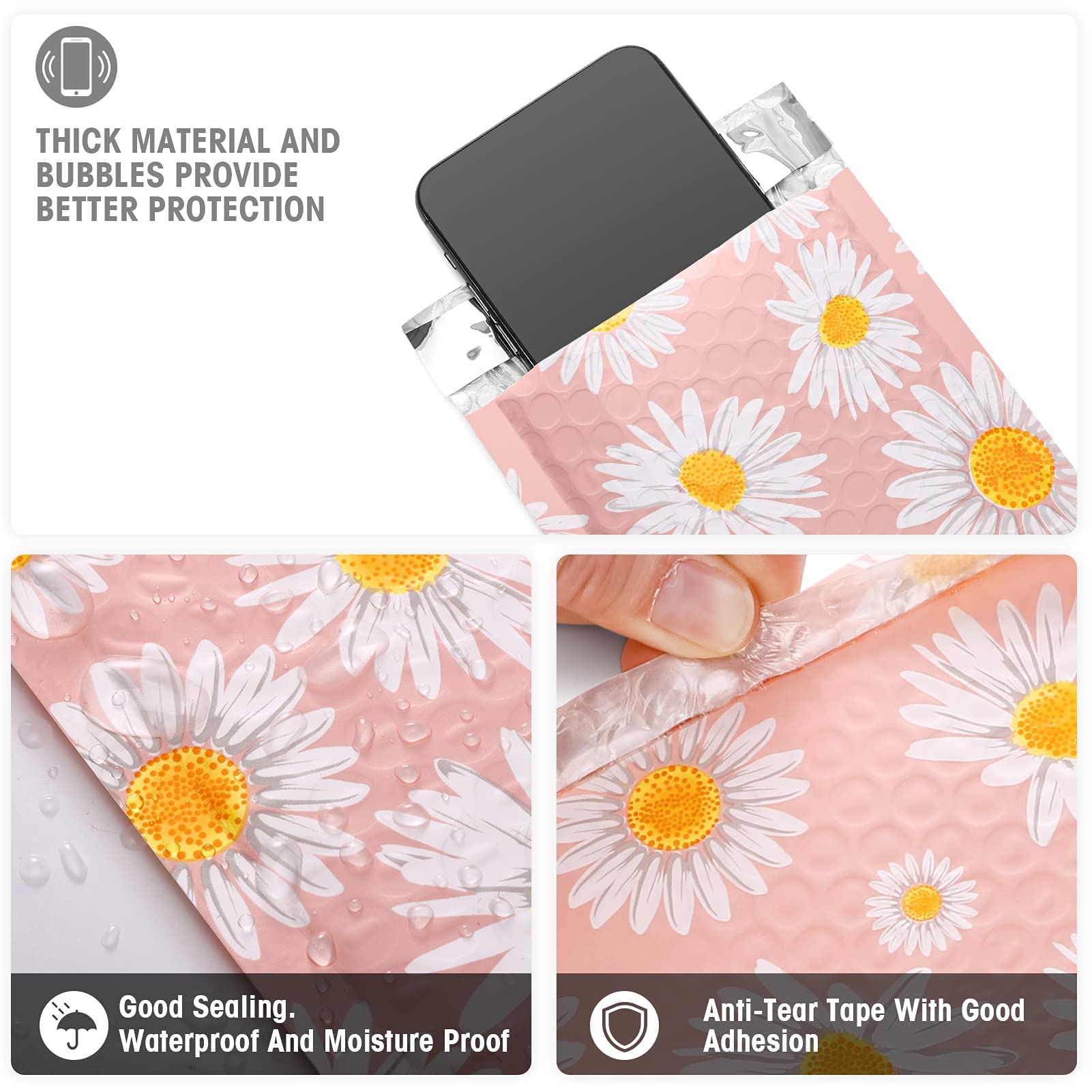 Metronic 4x8 Inch Pink Bubble Mailers 100-Pack - Small Self-Seal Padded Envelopes with Daisy Design for Shipping, Mailing & Ecommerce Packaging - Perfect for Jewelry, Crafts, Small Items & Online Store Shipments